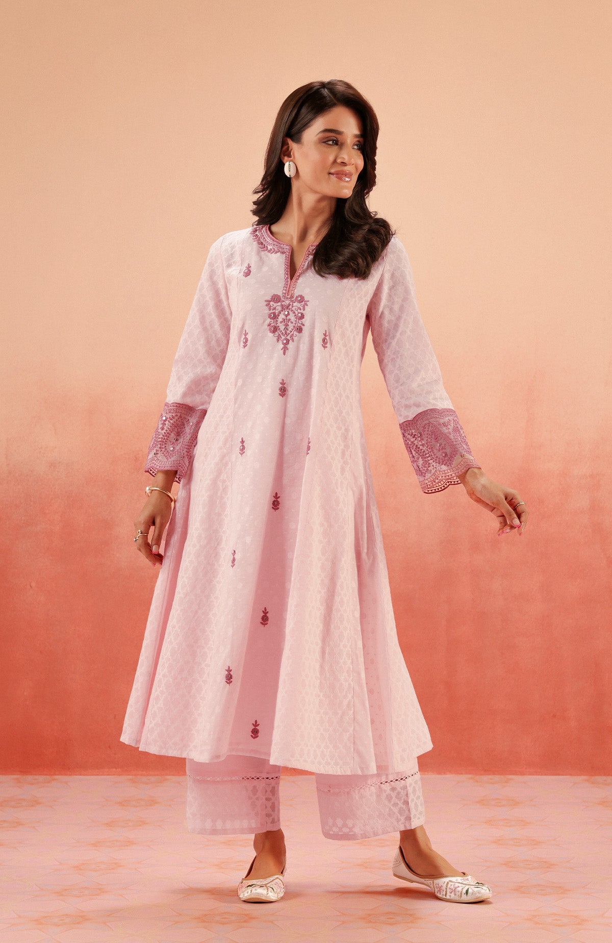 Sahiba Bali in GULNAAR PINK JACQUARD EMBROIDERED HANDCRAFTED KURTA SET