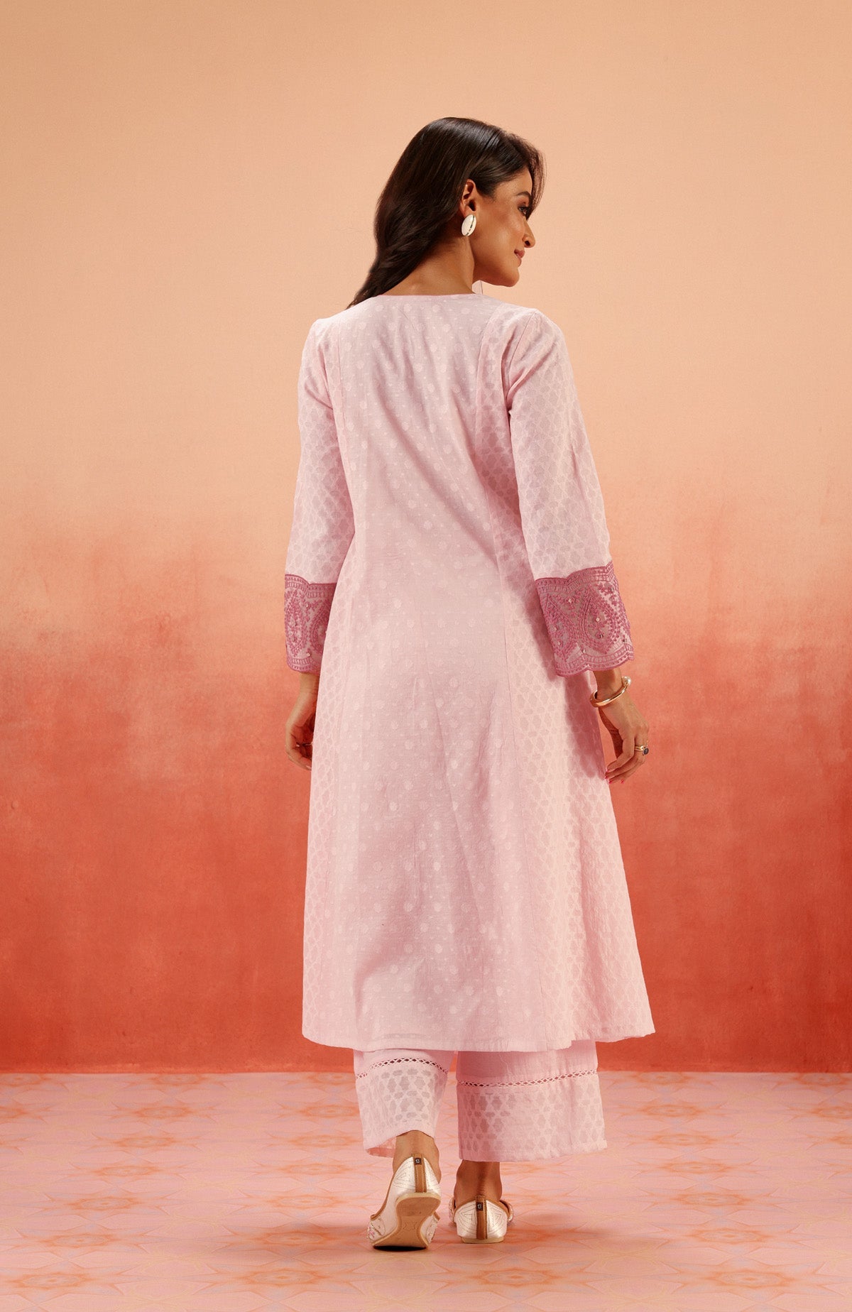 Sahiba Bali in GULNAAR PINK JACQUARD EMBROIDERED HANDCRAFTED KURTA SET
