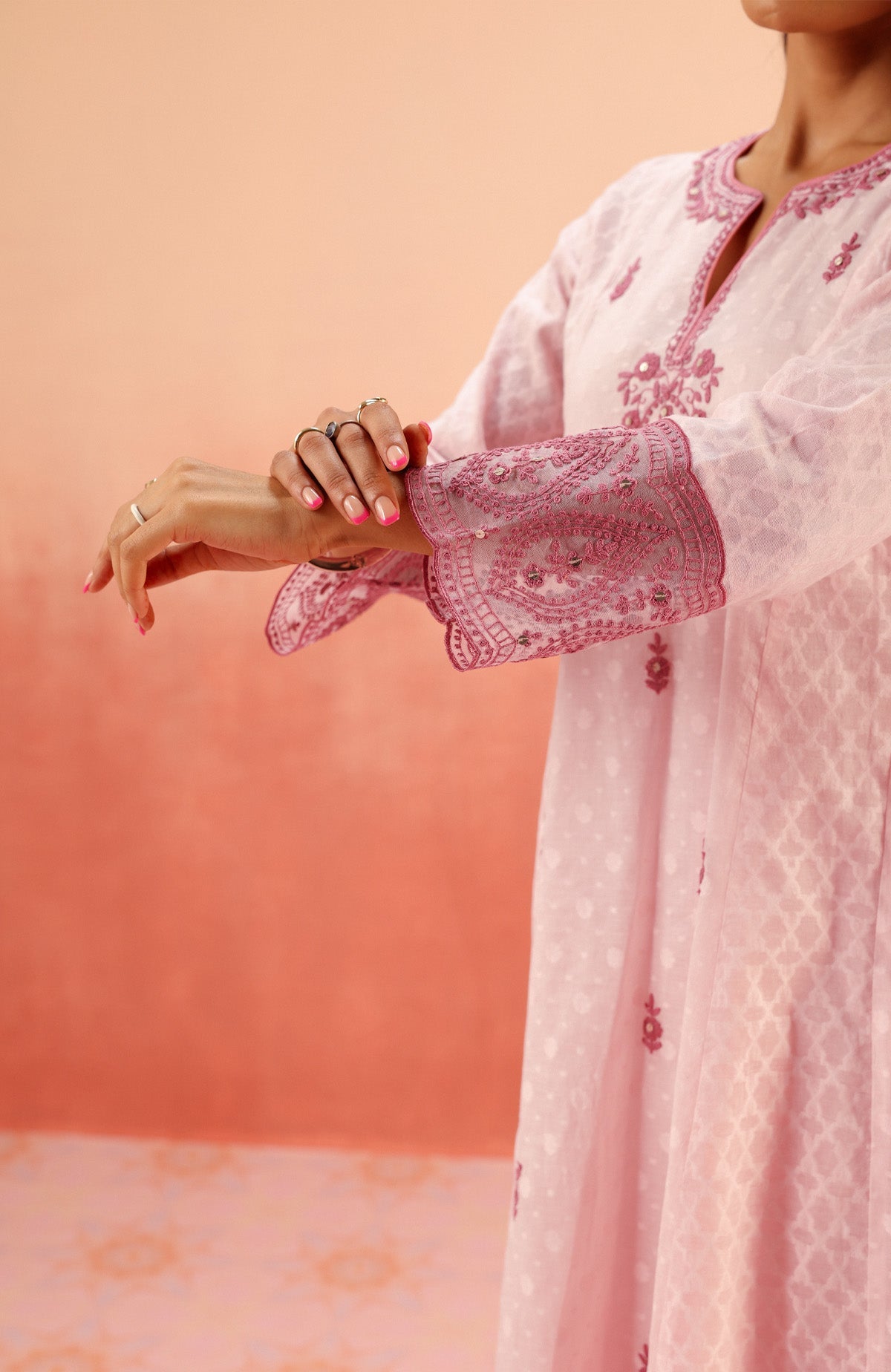 Sahiba Bali in GULNAAR PINK JACQUARD EMBROIDERED HANDCRAFTED KURTA SET