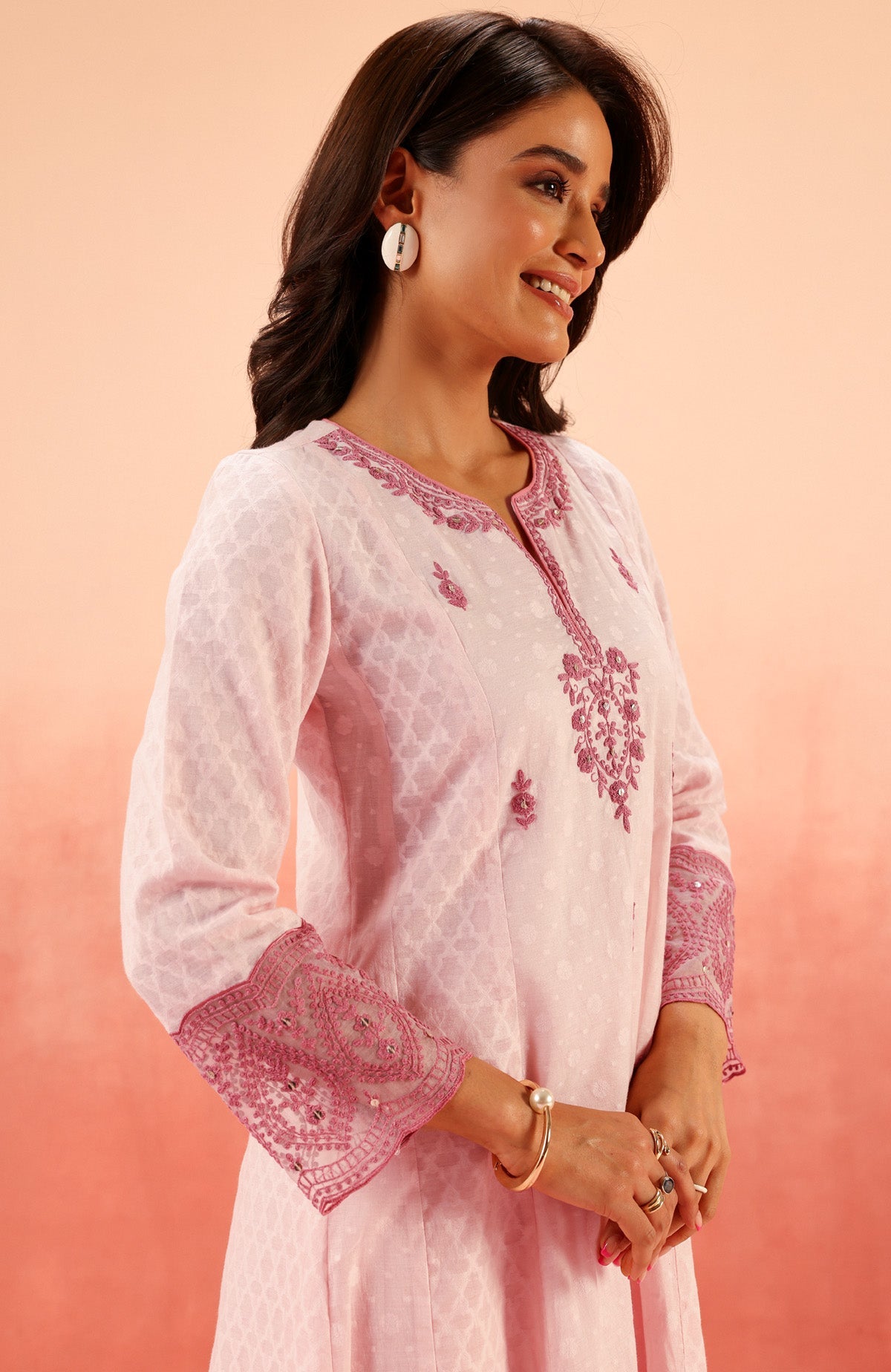 Sahiba Bali in GULNAAR PINK JACQUARD EMBROIDERED HANDCRAFTED KURTA SET