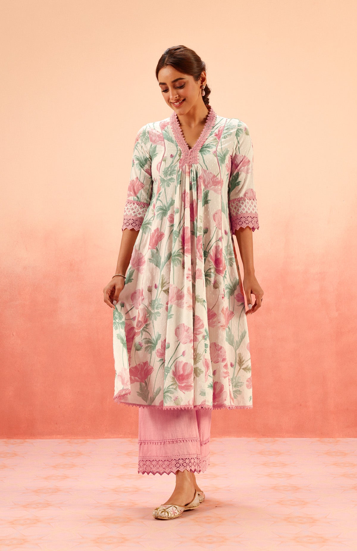 AVNI PINK FLORAL PRINTED COTTON DOBBY HANDCRAFTED KURTA SET (READY TO SHIP)