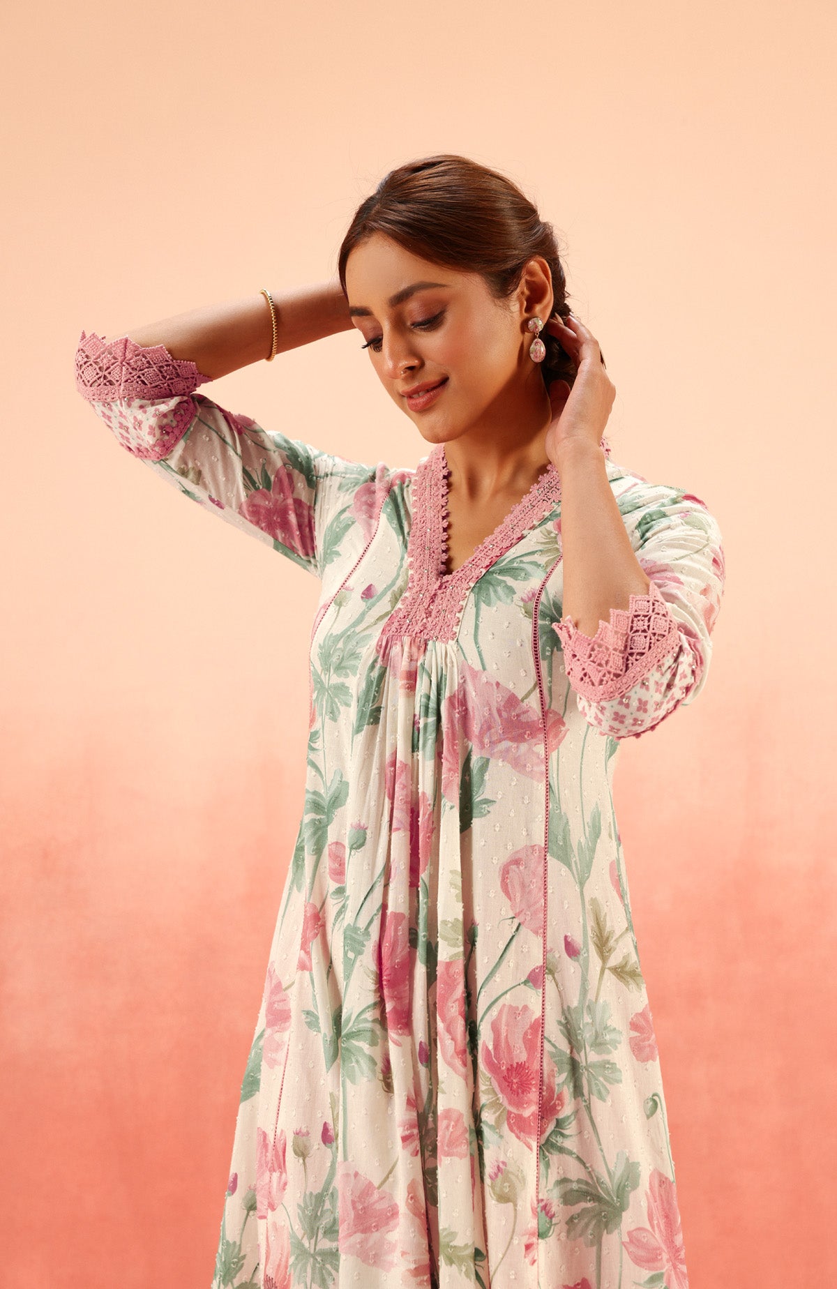 AVNI PINK FLORAL PRINTED COTTON DOBBY HANDCRAFTED KURTA SET (READY TO SHIP)