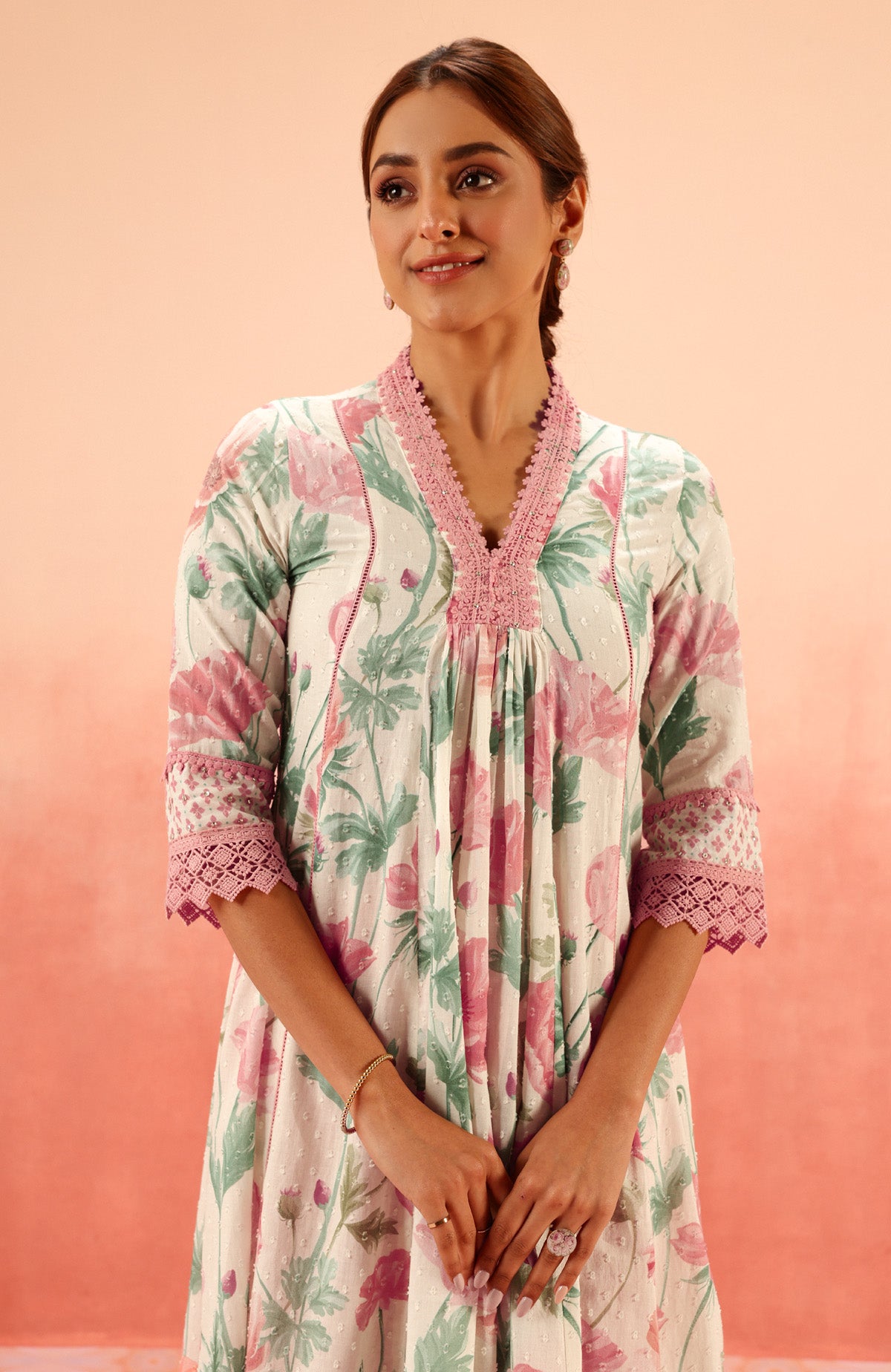 AVNI PINK FLORAL PRINTED COTTON DOBBY HANDCRAFTED KURTA SET (READY TO SHIP)