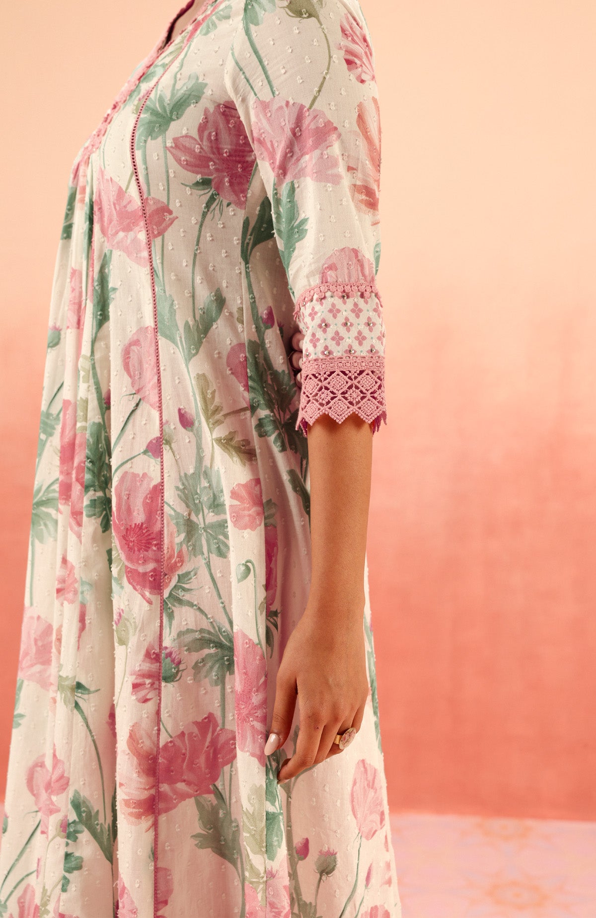 AVNI PINK FLORAL PRINTED COTTON DOBBY HANDCRAFTED KURTA SET (READY TO SHIP)