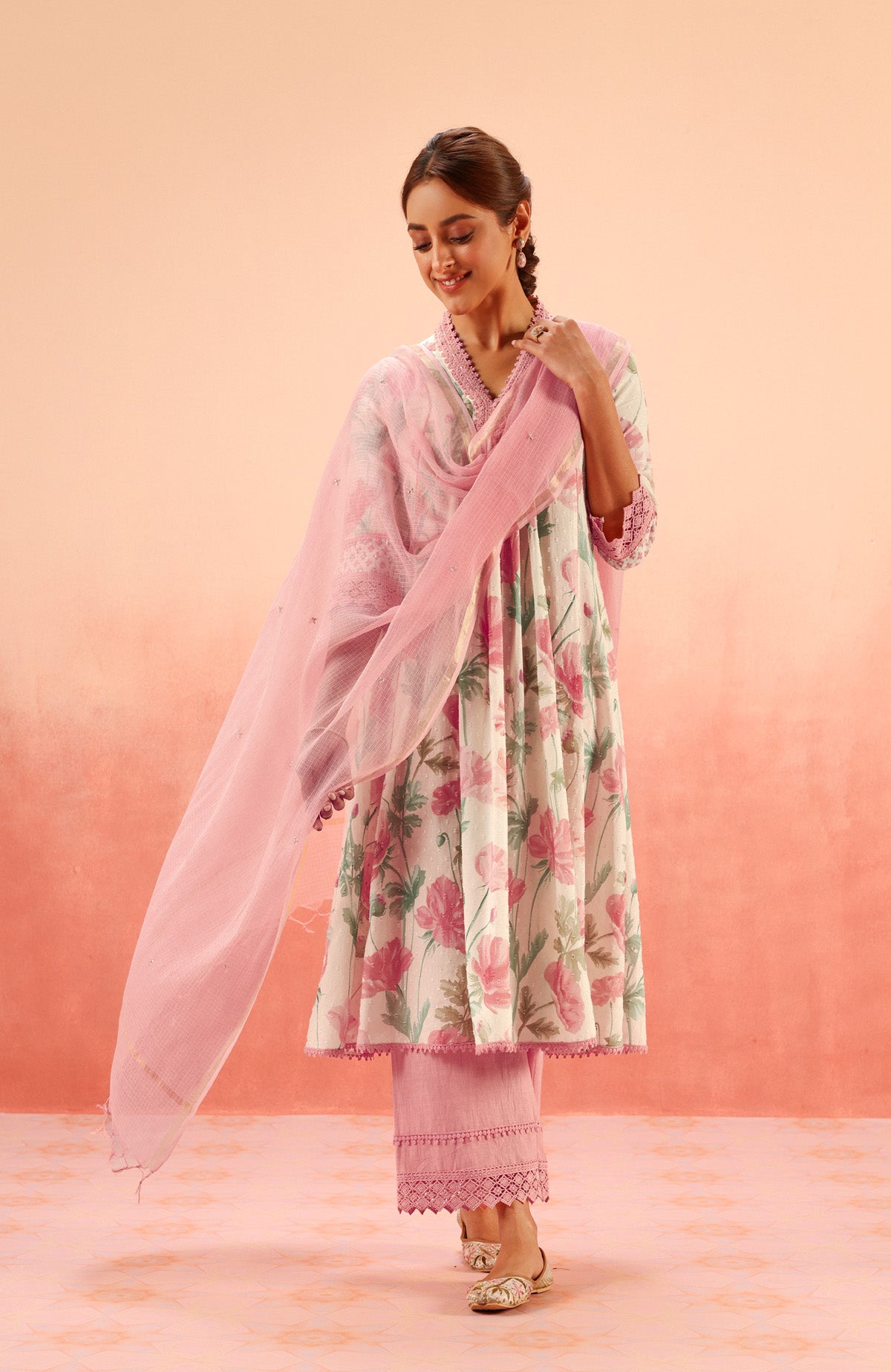 AVNI PINK FLORAL PRINTED COTTON DOBBY HANDCRAFTED KURTA SET (READY TO SHIP)