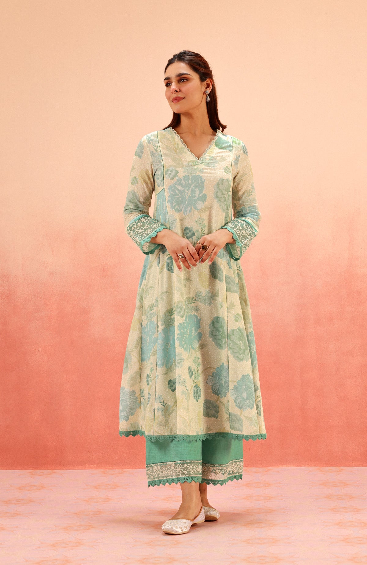 SHAZIA KHAN IN ANAYA GREEN FLORAL PRINTED COTTON DOBBY KURTA SET