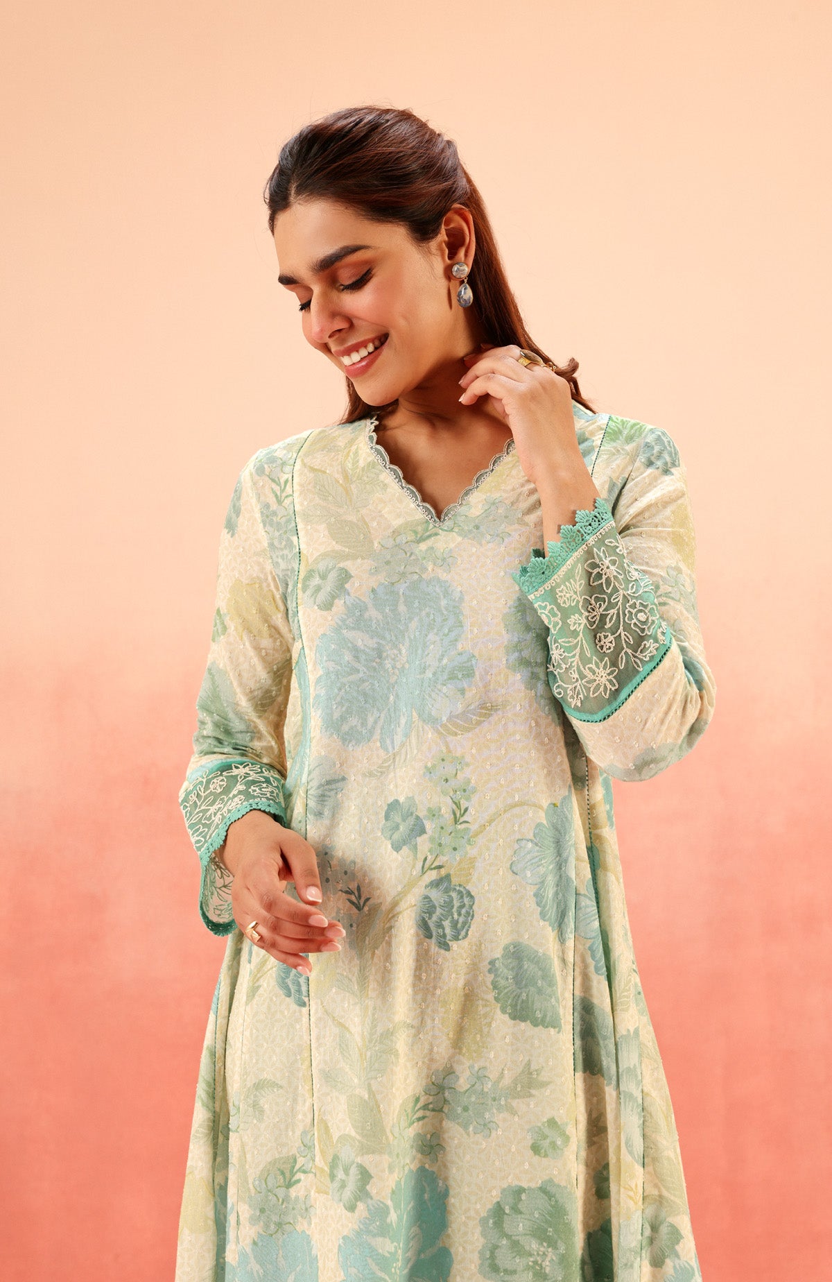 ANAYA GREEN FLORAL PRINTED COTTON DOBBY KURTA SET (READY TO SHIP)