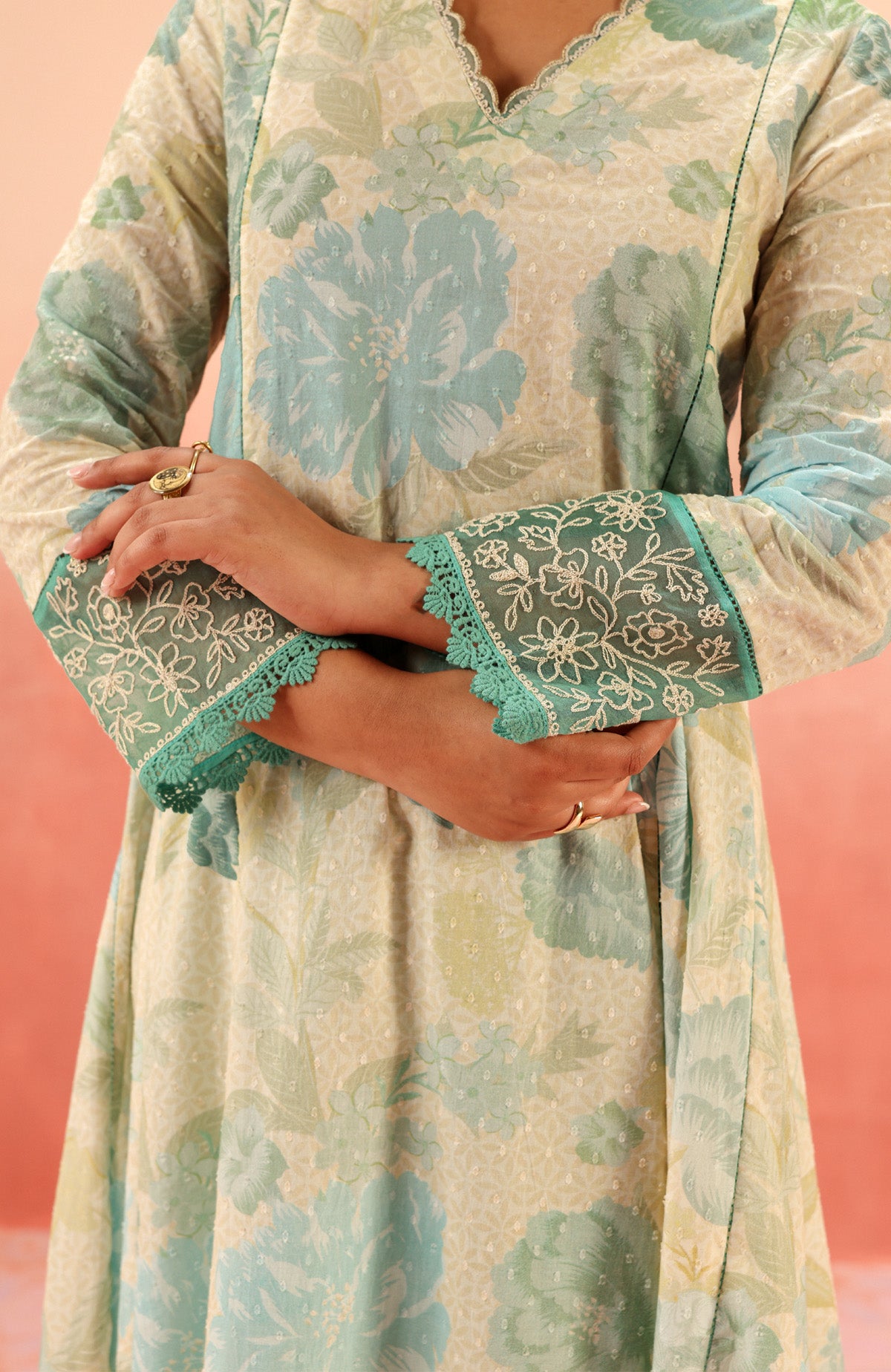 ANAYA GREEN FLORAL PRINTED COTTON DOBBY KURTA SET (READY TO SHIP)