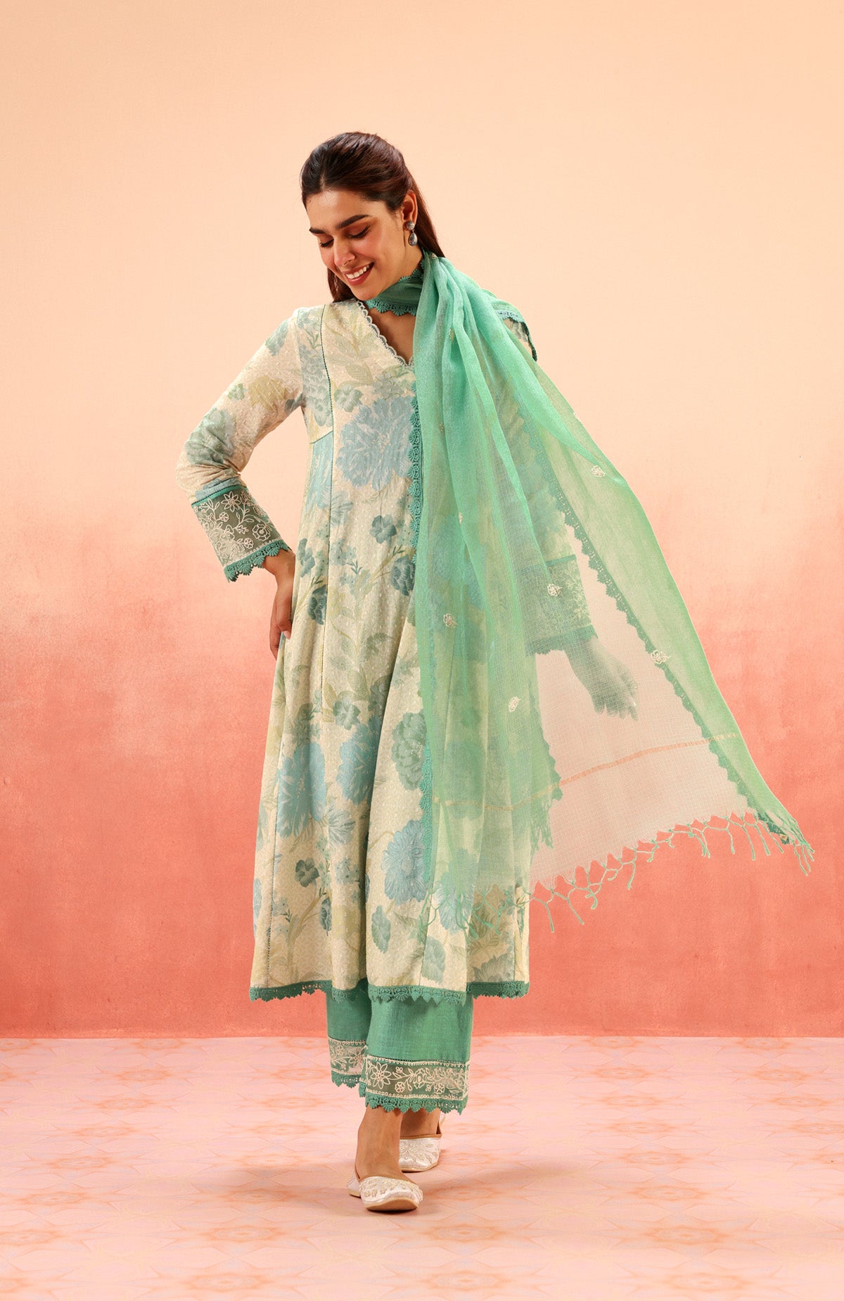 ANAYA GREEN FLORAL PRINTED COTTON DOBBY KURTA SET (READY TO SHIP)