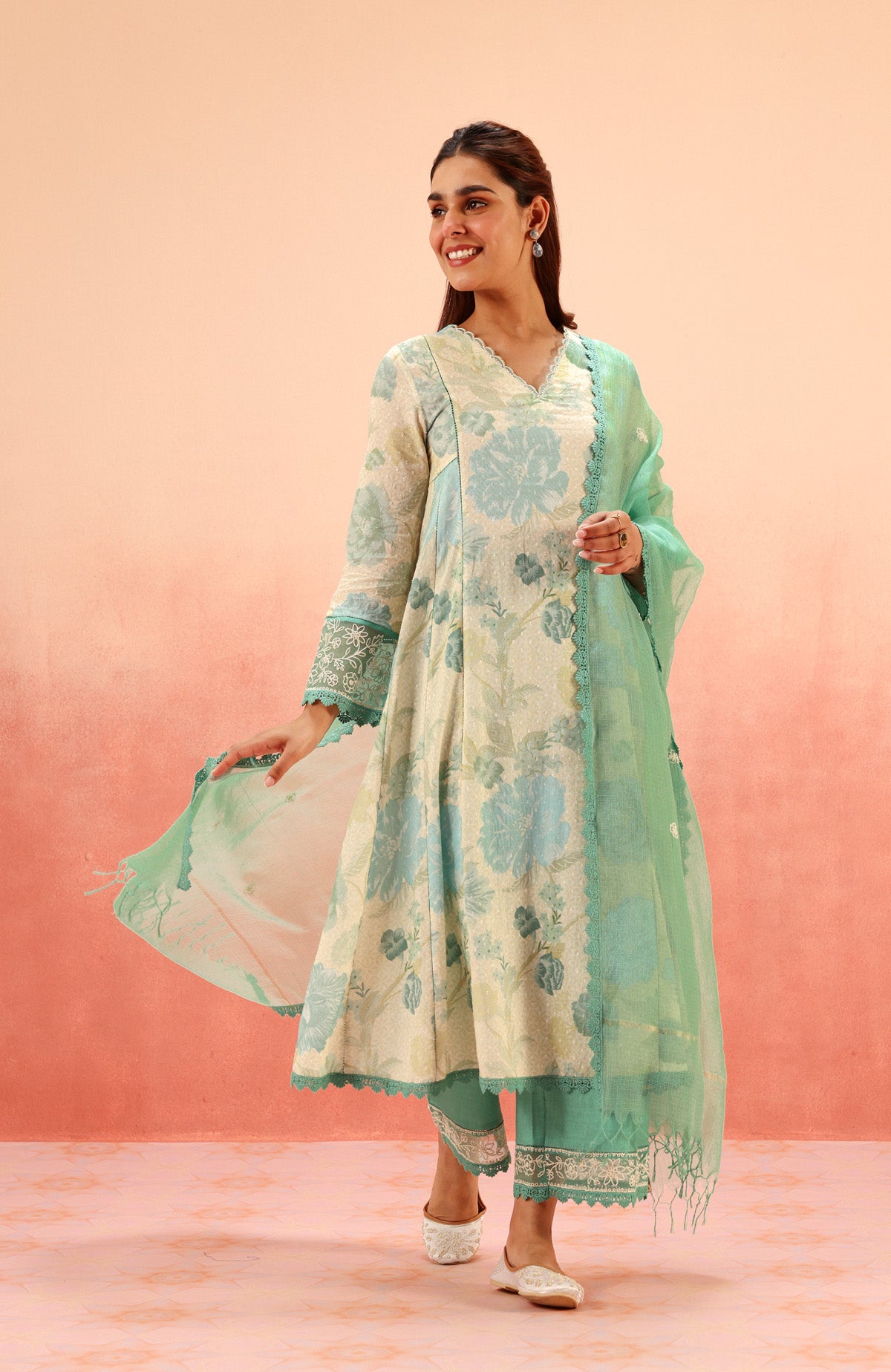 ANAYA GREEN FLORAL PRINTED COTTON DOBBY KURTA SET (READY TO SHIP)