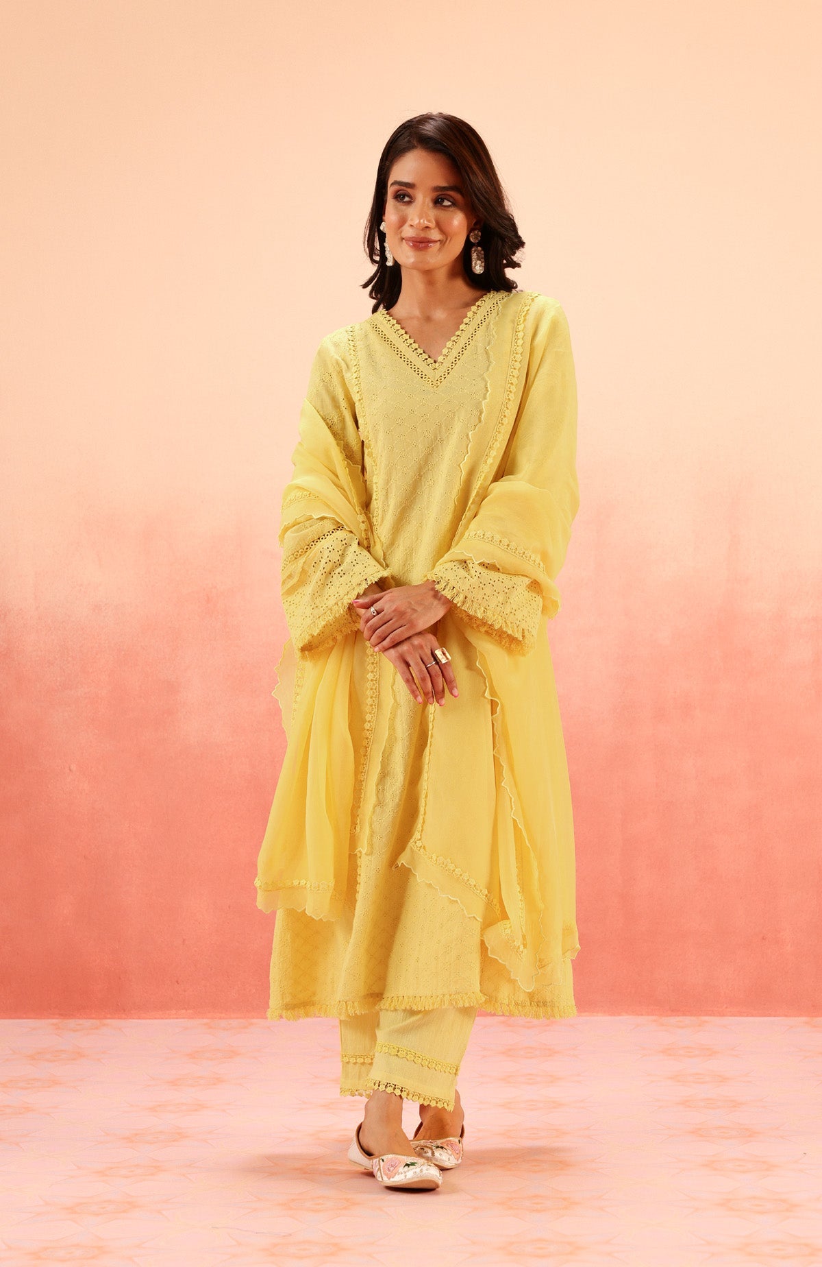 SAMPADA SONI IN MIRA YELLOW SCHIFFLI KURTA SET