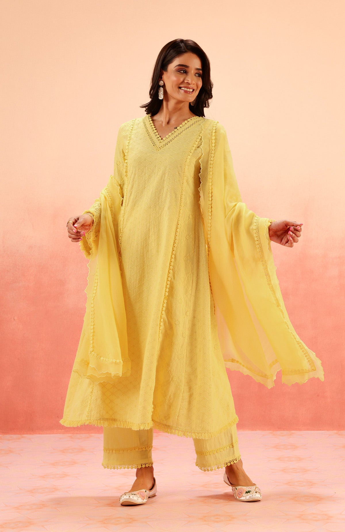 MIRA YELLOW SCHIFFLI KURTA SET