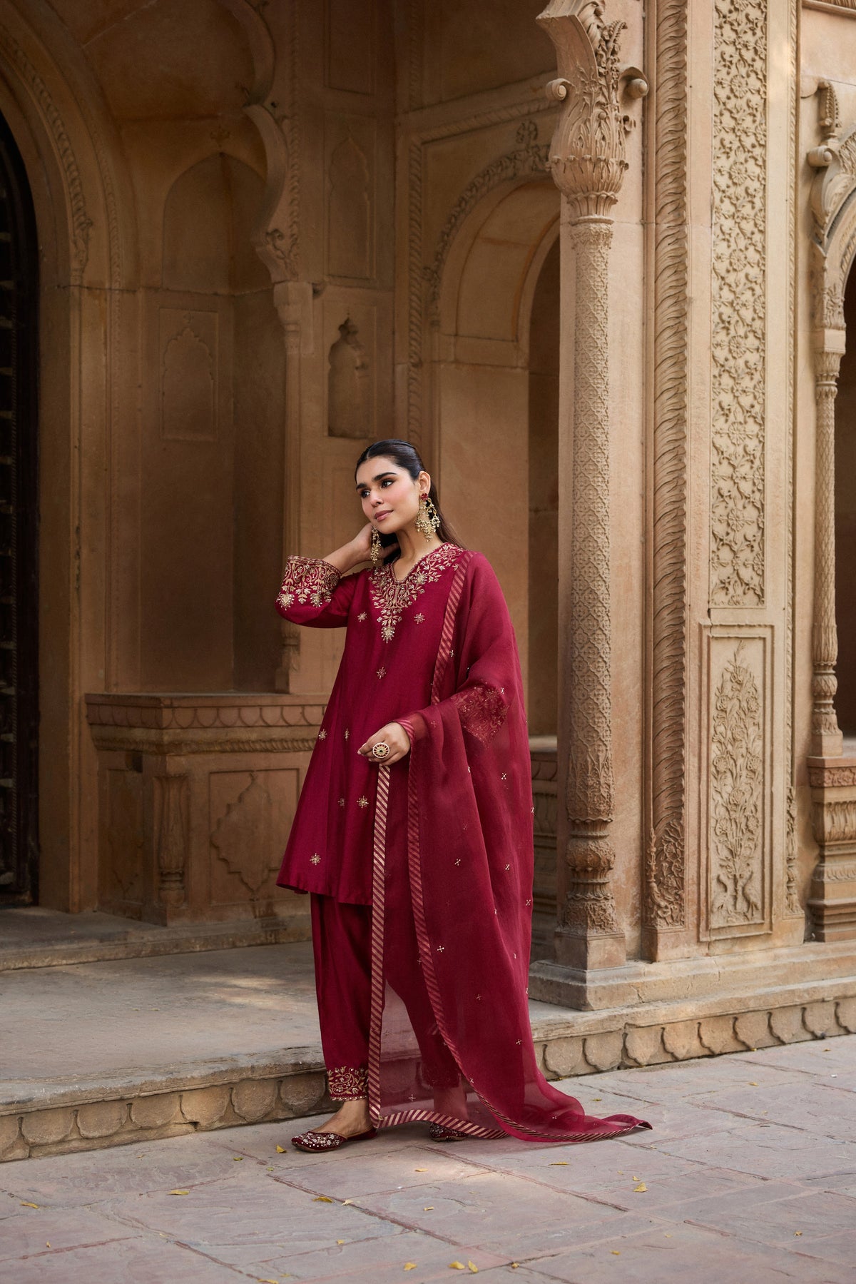 RAINA SILK CHANDERI HANDCRAFTED RED CHOGA SET