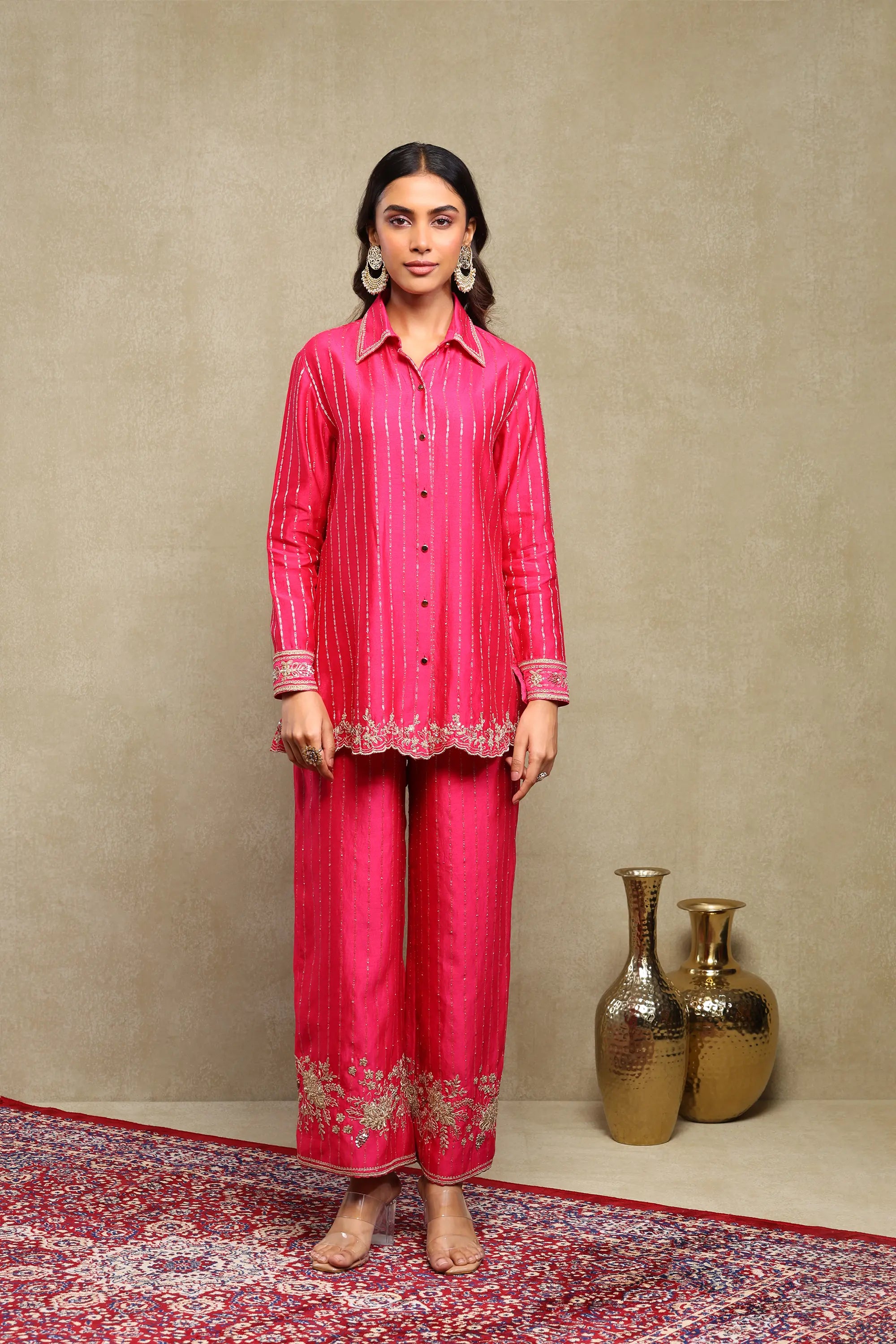 Aarvi Hot Pink Hand Embroidered Banarasi Zari Co-Ord Set