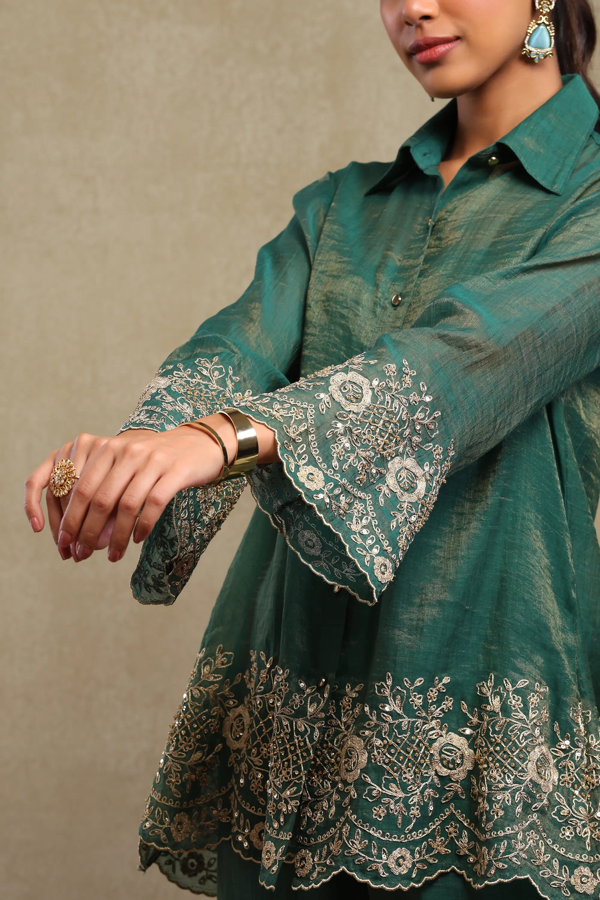 Aadya Emerald Green Hand Embroidered Tissue Chanderi Co-Ord Set