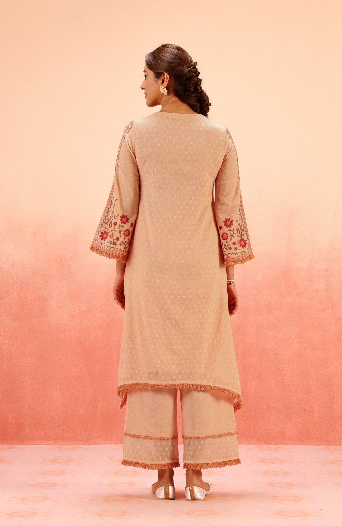 RESHM CORAL JACQUARD EMBROIDERED KURTA SET (READY TO SHIP)