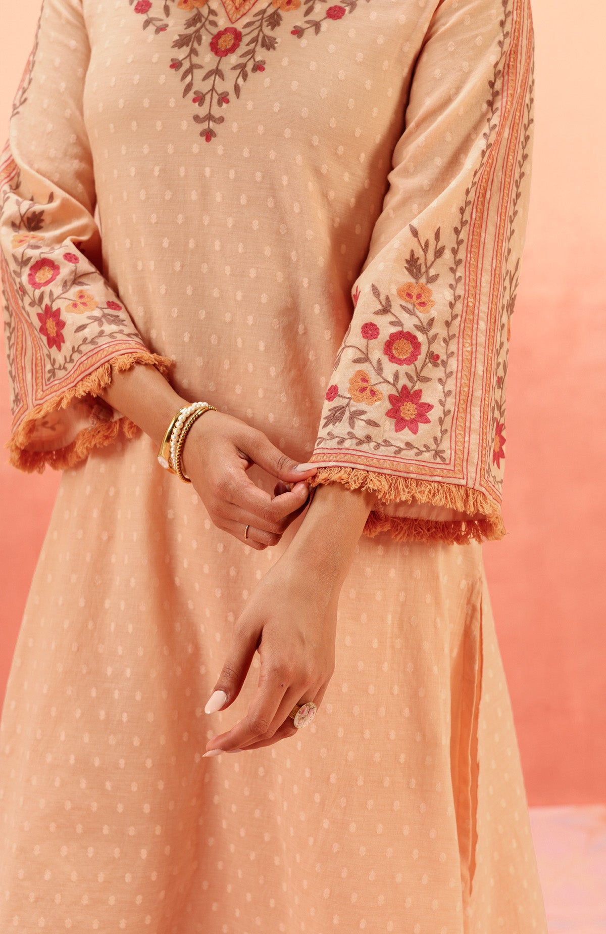 RESHM CORAL JACQUARD EMBROIDERED KURTA SET (READY TO SHIP)