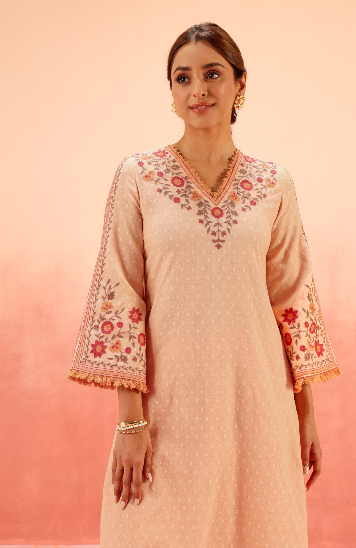 Sahiba Bali in RESHM CORAL JACQUARD EMBROIDERED KURTA SET