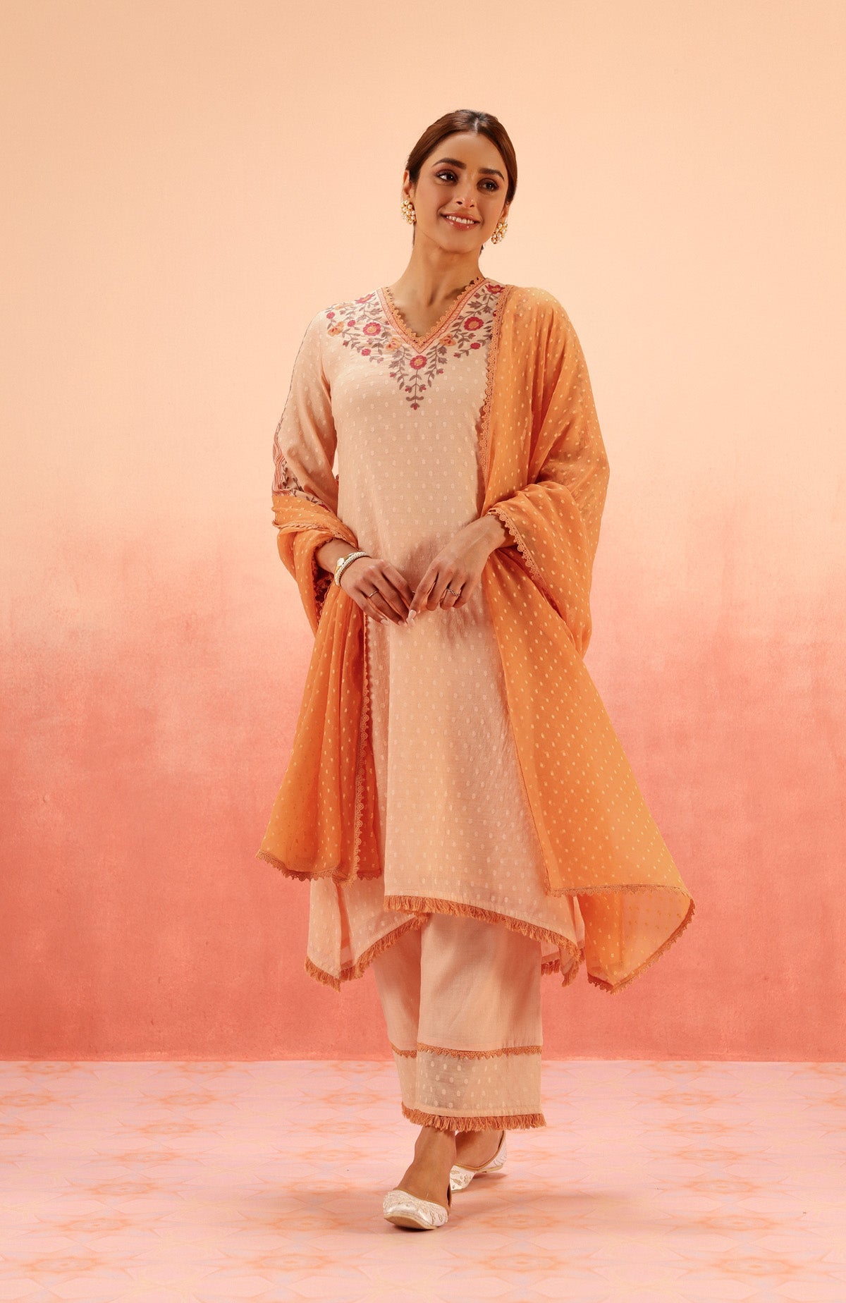 Sahiba Bali in RESHM CORAL JACQUARD EMBROIDERED KURTA SET