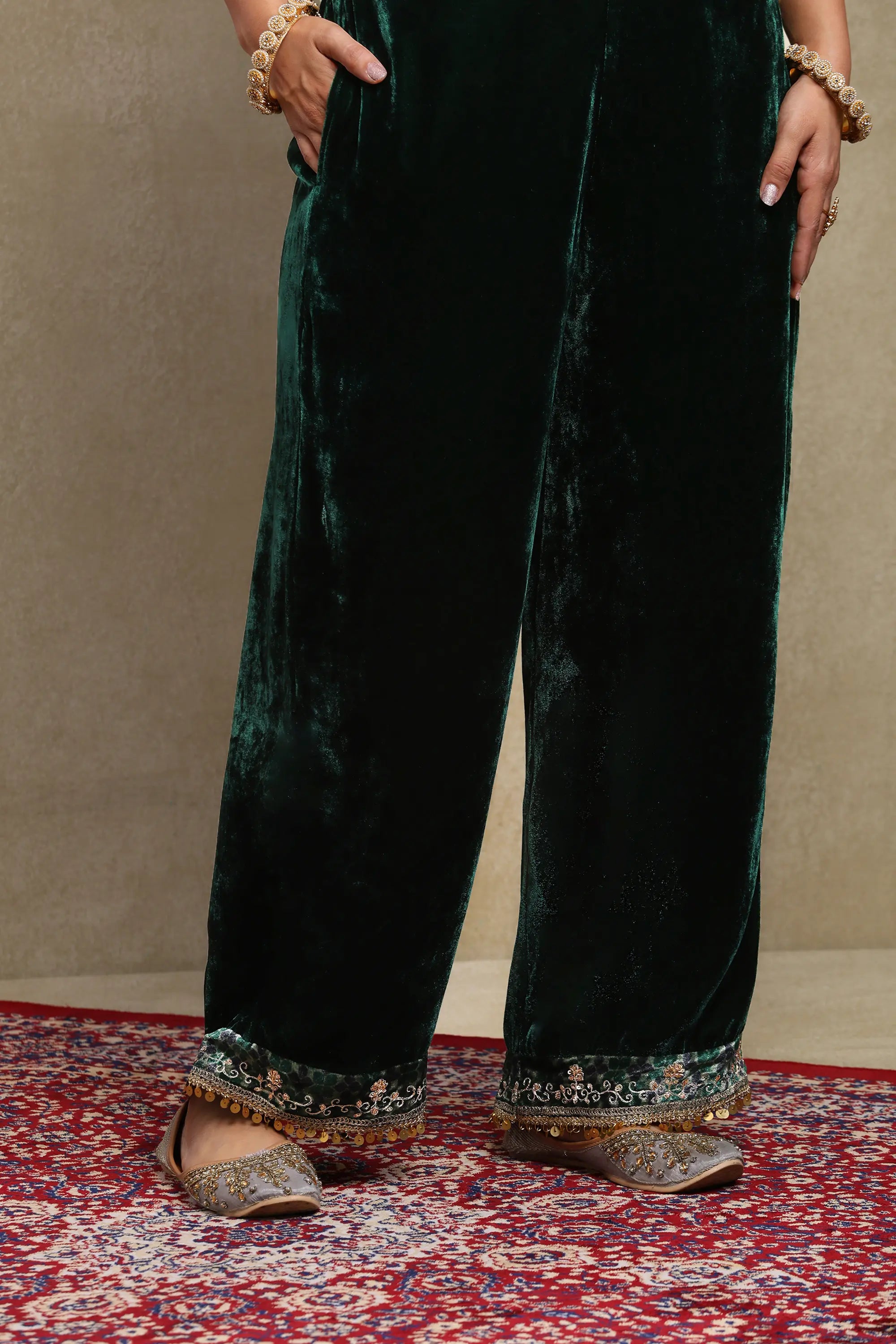 Sahira Forest Green Embroidered Silk Velvet A-Line Kurta Set