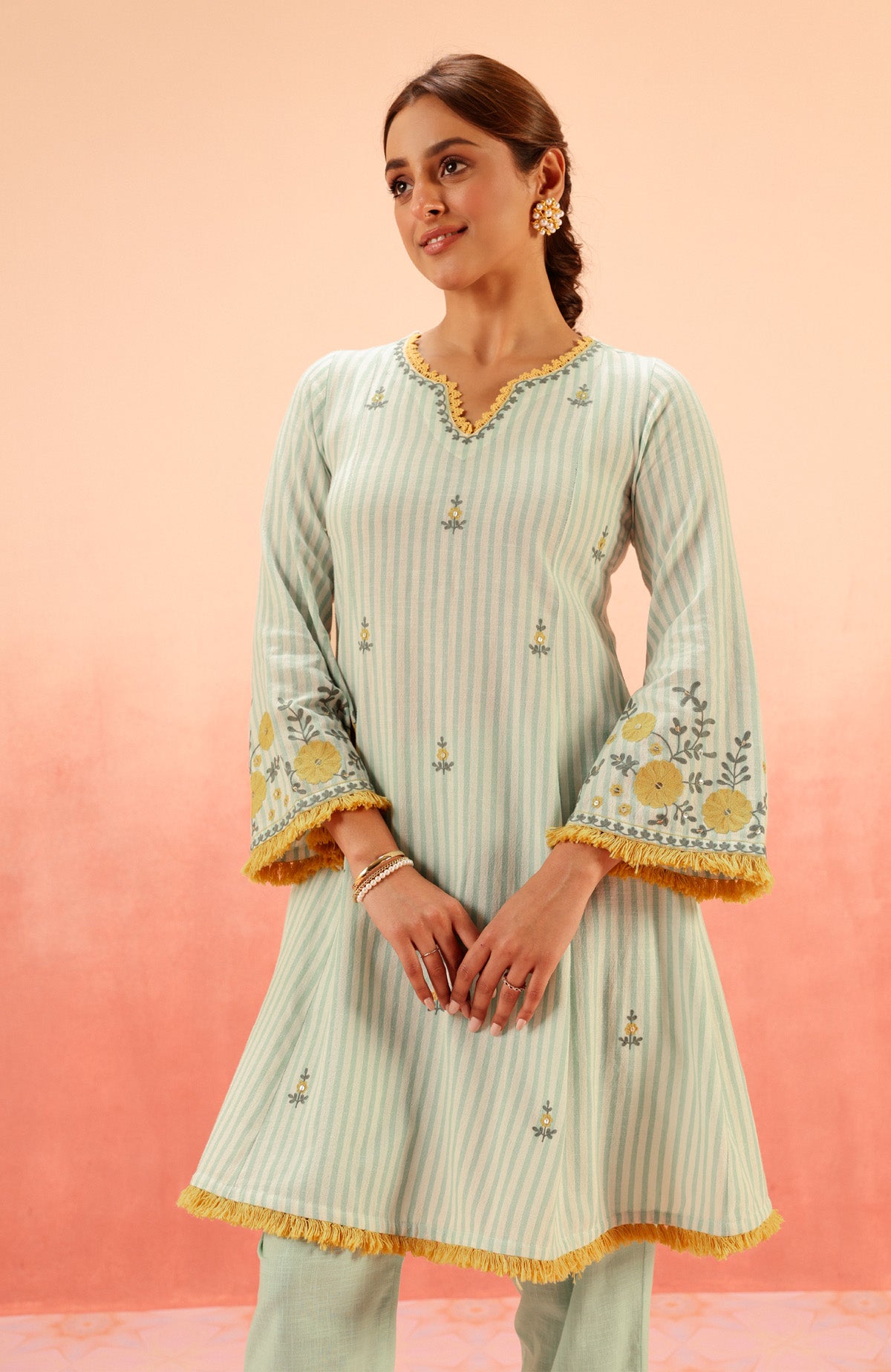 SAYA GREEN EMBROIDERED YARN DYED HANDCRAFTED KURTA SET (READY TO SHIP)