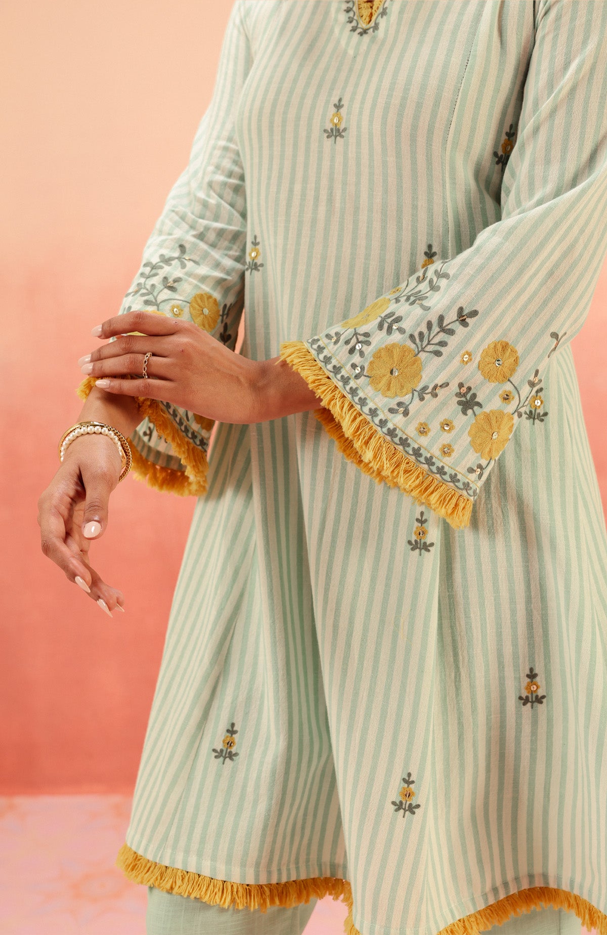 SAYA GREEN EMBROIDERED YARN DYED HANDCRAFTED KURTA SET (READY TO SHIP)