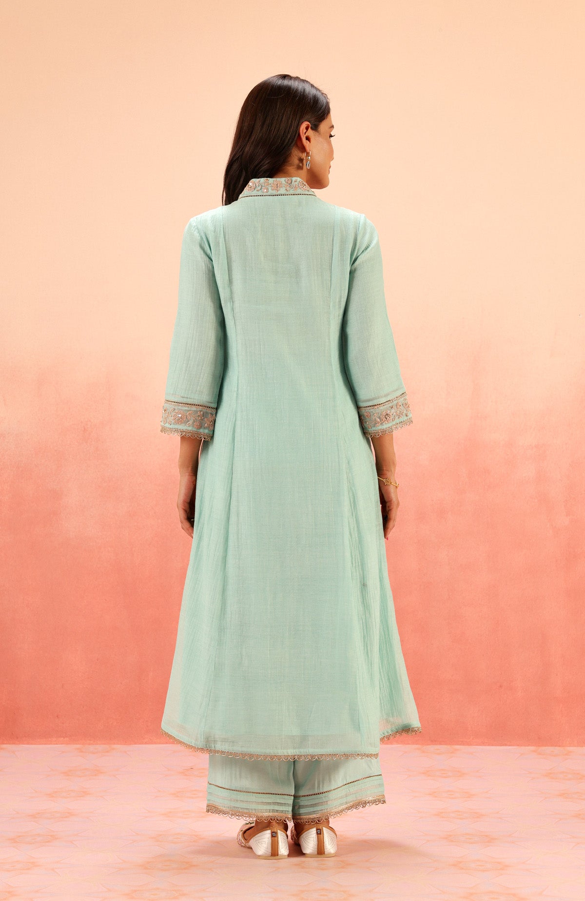 CHANDANI TURQUOISE COTTON SILK EMBROIDERED KURTA SET