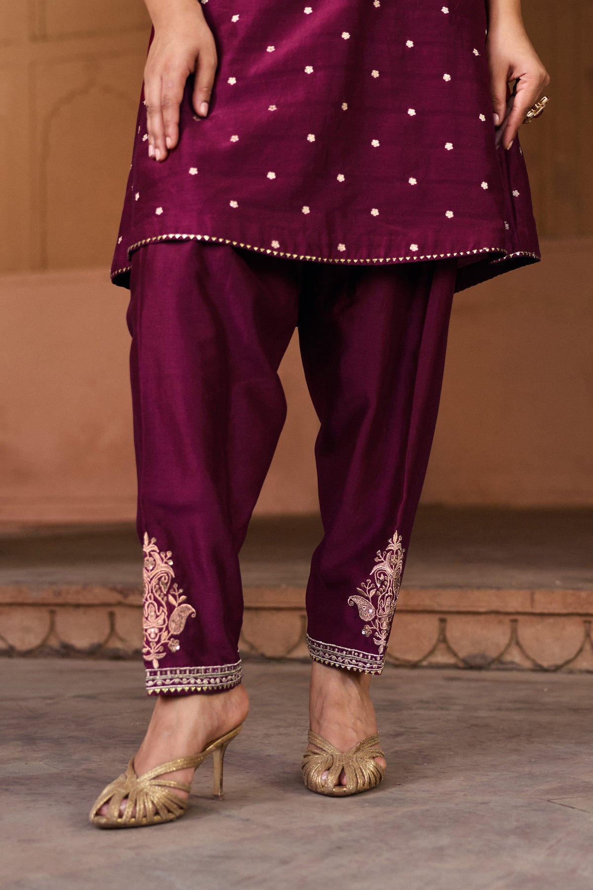 GAUHAR BANARASI SILK CHANDERI JACQUARD HANDCRAFTED MAROON A-LINE KURTA SET