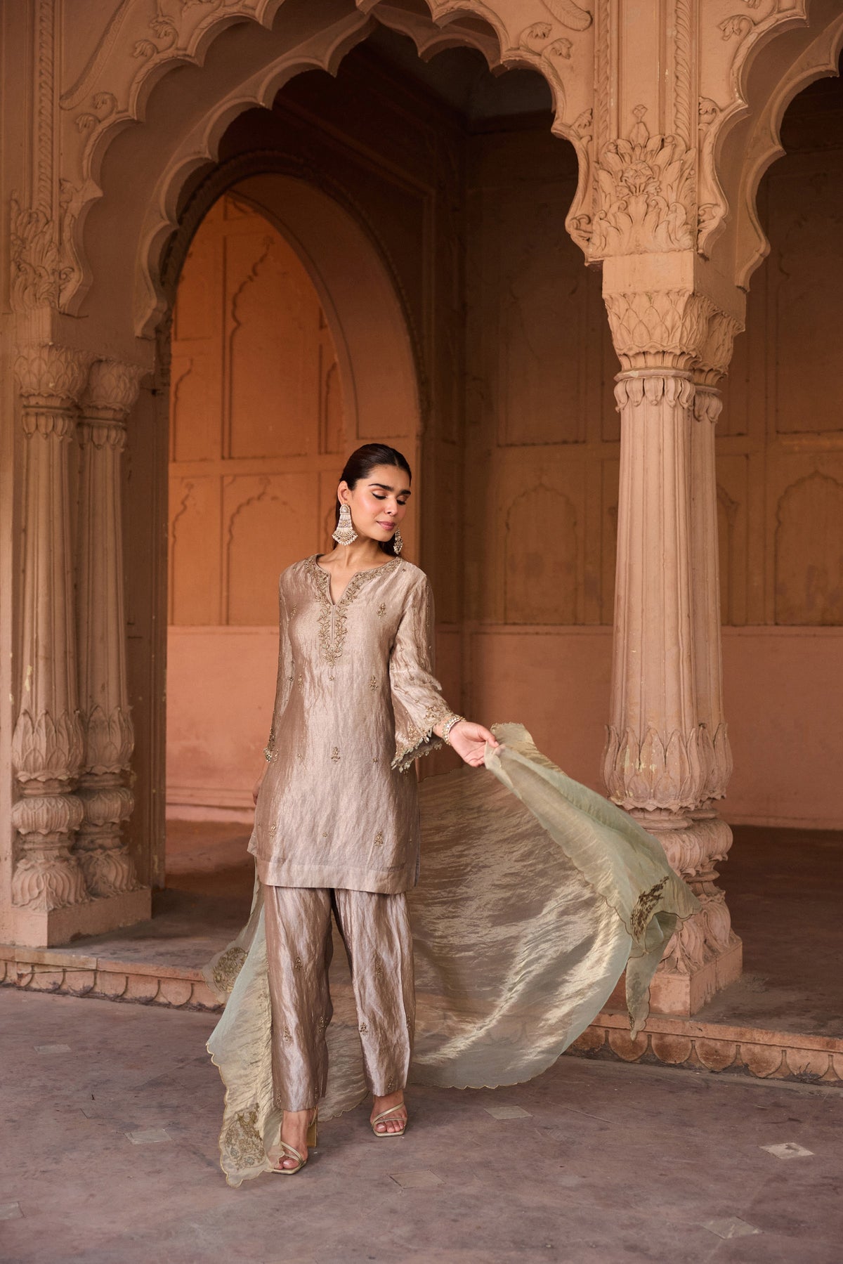 SHAHBANO SILK TISSUE HANDCRAFTED SILVER KURTA SET WITH FARSHI SALWAR