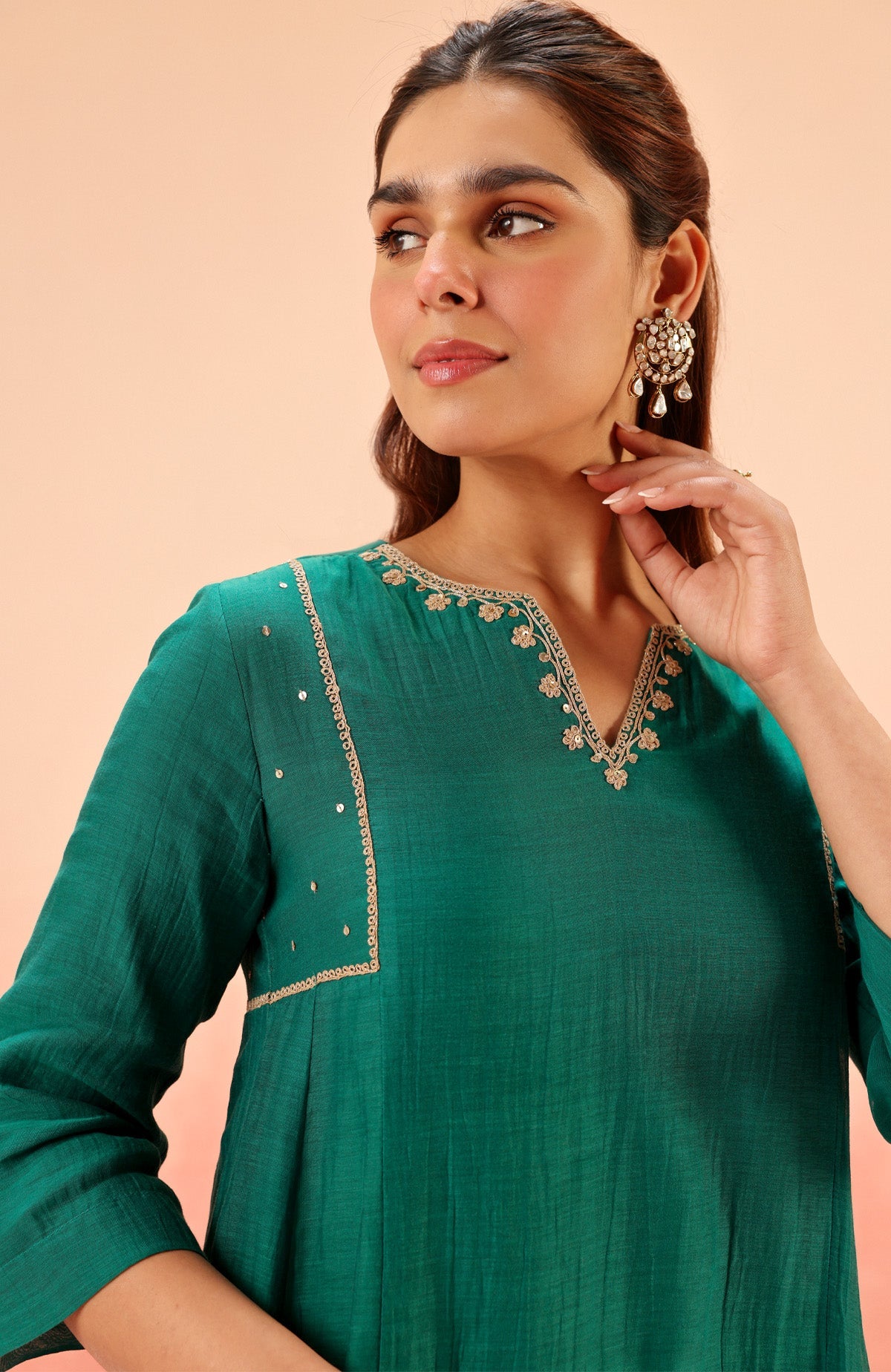 NAVYA ARYA in SAMIYA GREEN COTTON SILK CHANDERI EMBROIDERED HANDCRAFTED KURTA SET