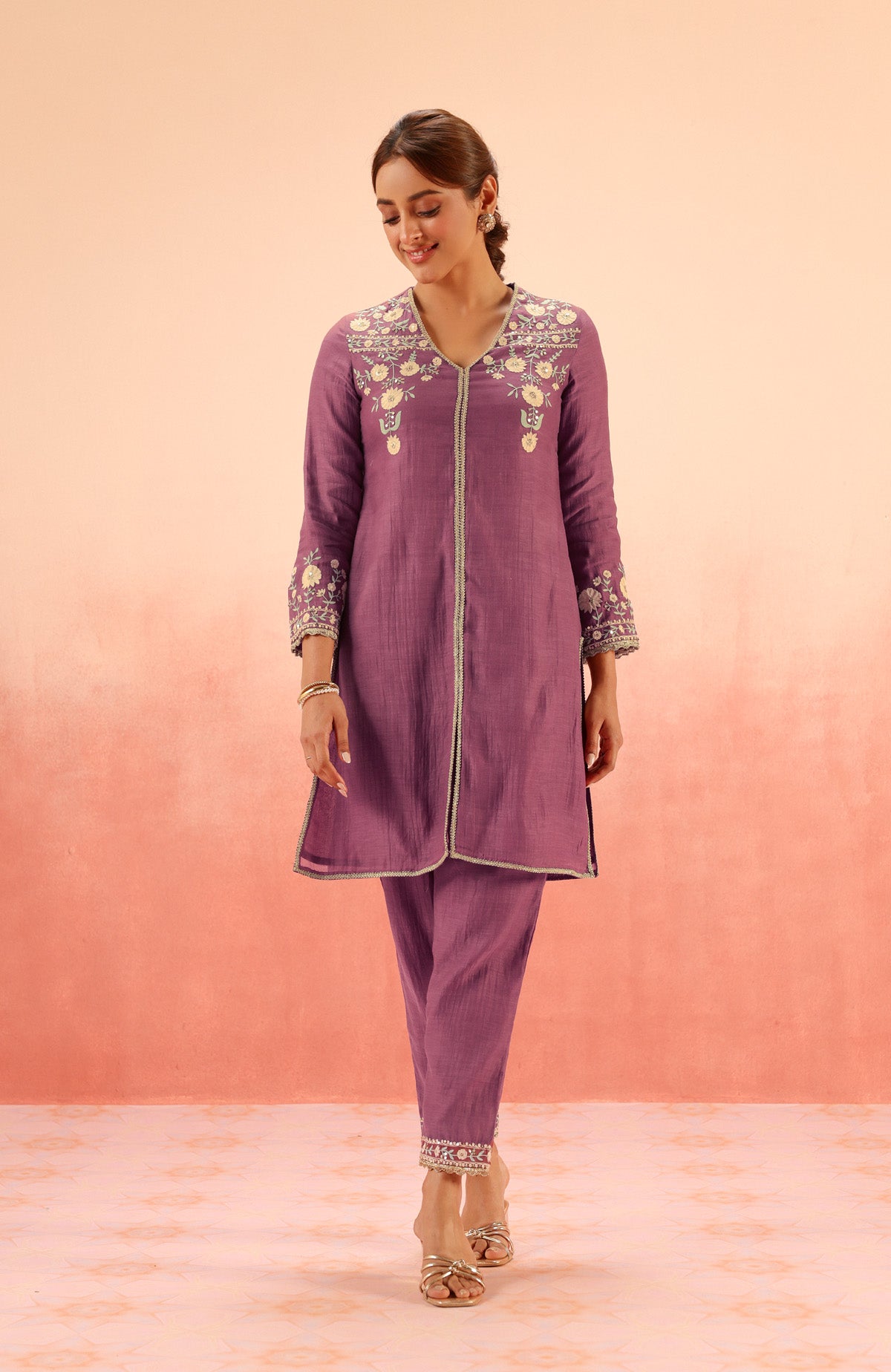 MOGRA PURPLE COTTON SILK CHANDERI EMBROIDERED HANDCRAFTED KURTA SET (READY TO SHIP)