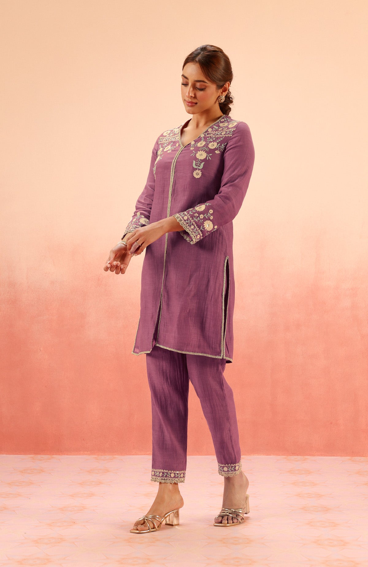 MOGRA PURPLE COTTON SILK CHANDERI EMBROIDERED HANDCRAFTED KURTA SET (READY TO SHIP)