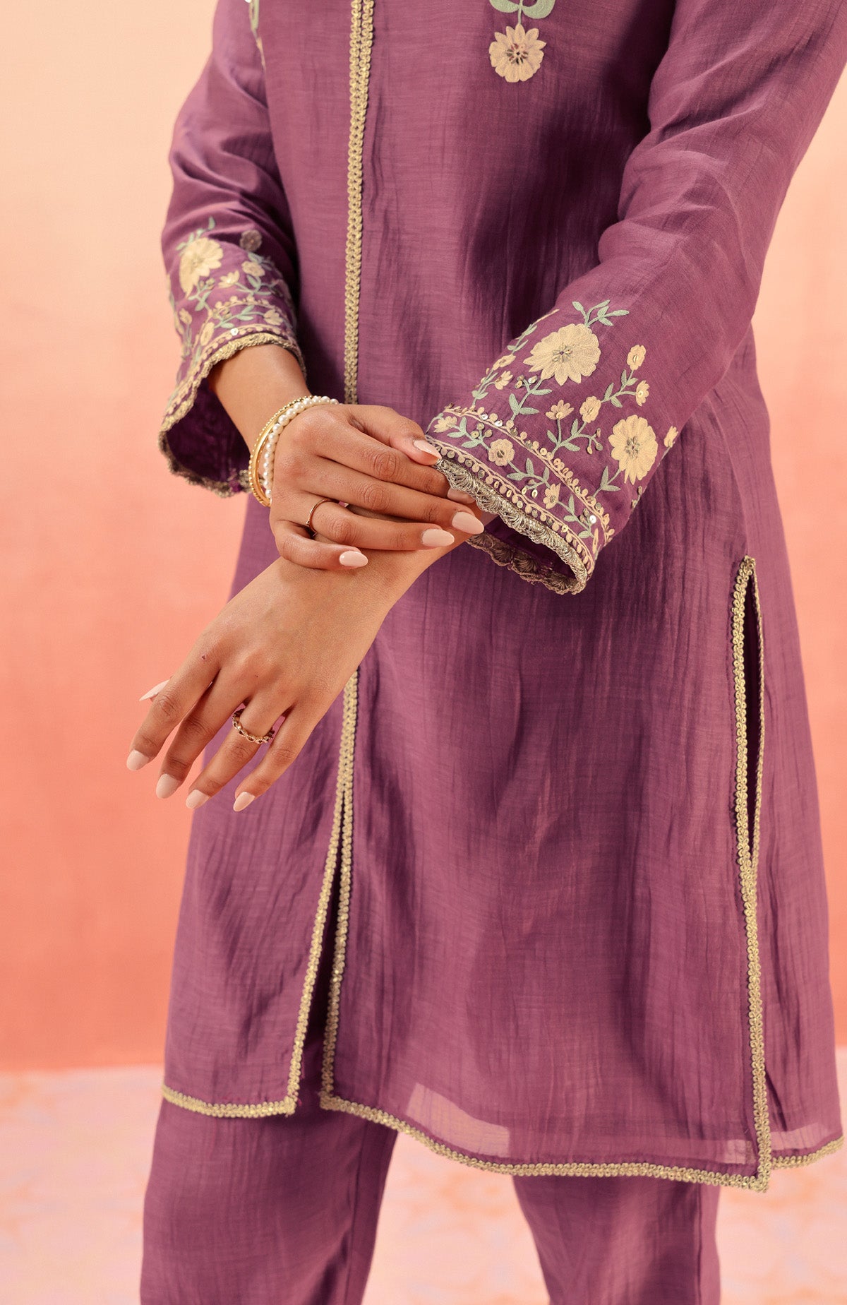 MOGRA PURPLE COTTON SILK CHANDERI EMBROIDERED HANDCRAFTED KURTA SET (READY TO SHIP)