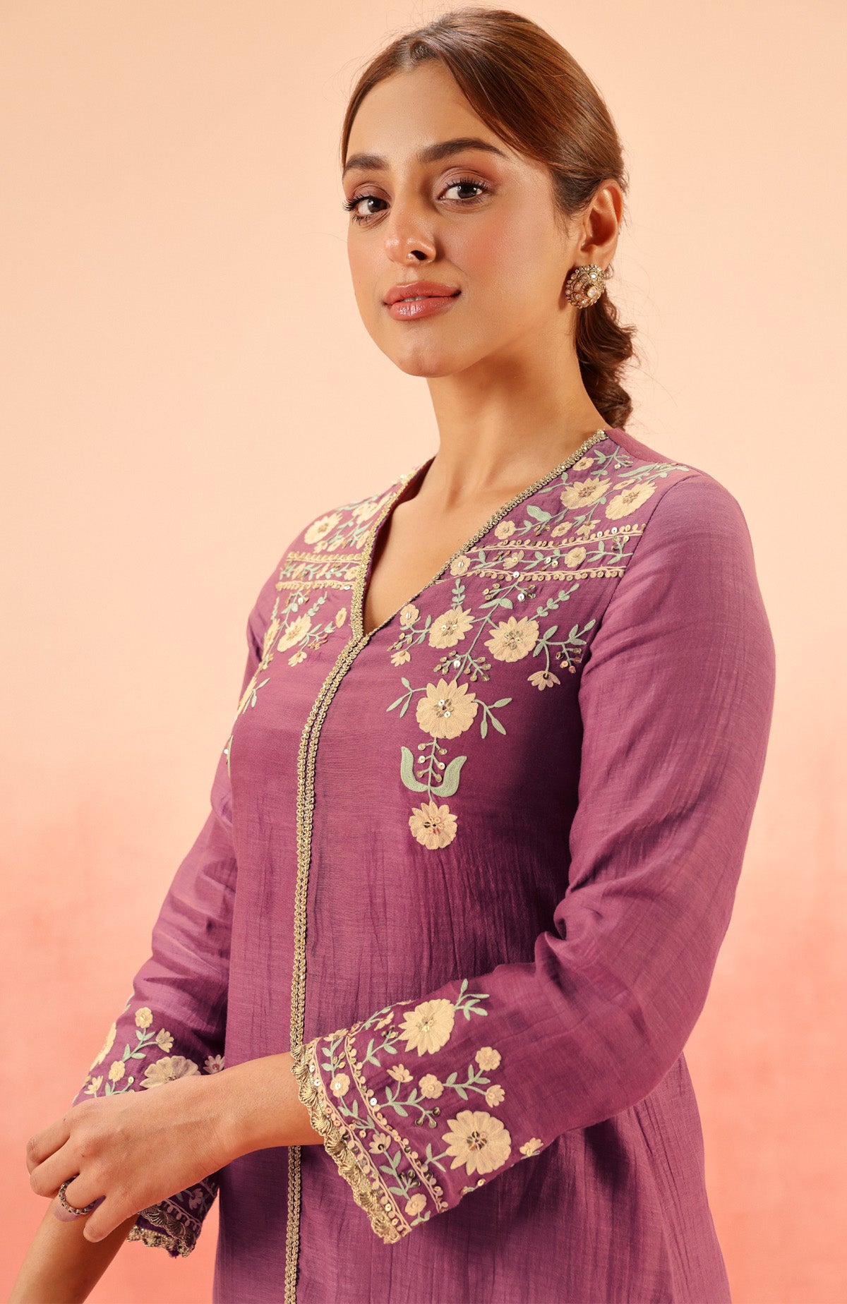 MOGRA PURPLE COTTON SILK CHANDERI EMBROIDERED HANDCRAFTED KURTA SET (READY TO SHIP)