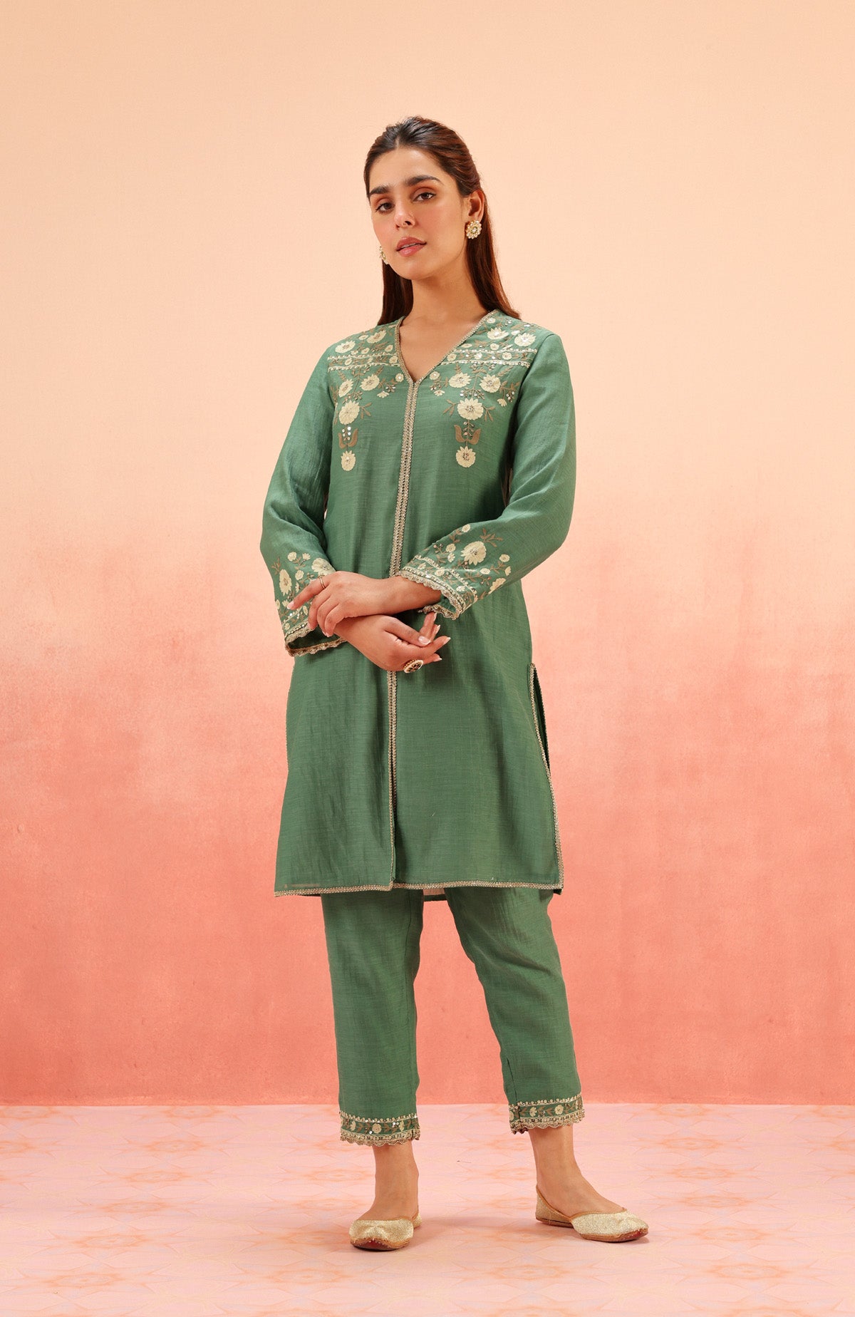 MOGRA GREEN COTTON SILK CHANDERI EMBROIDERED HANDCRAFTED KURTA SET