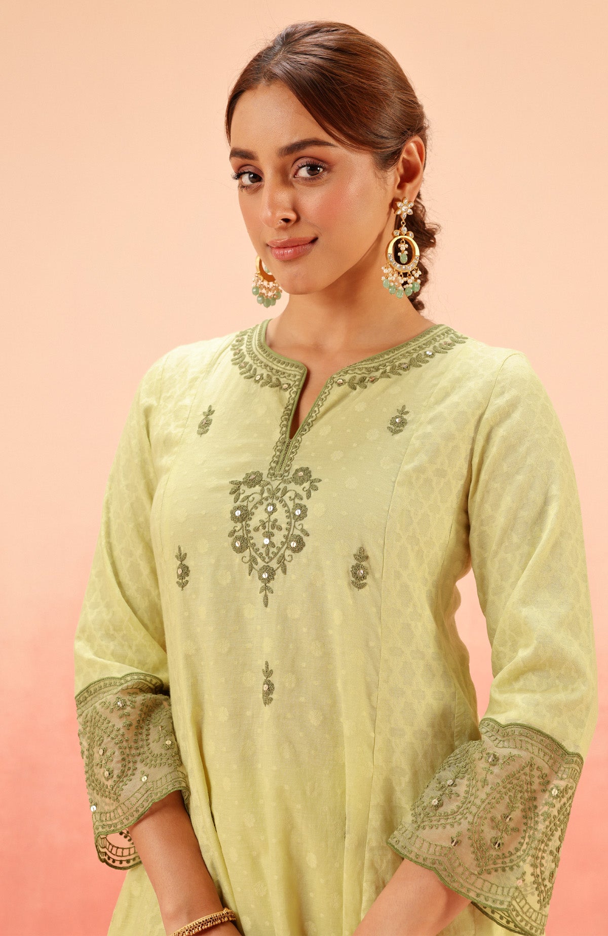 GULNAAR GREEN JACQUARD EMBROIDERED HANDCRAFTED KURTA SET