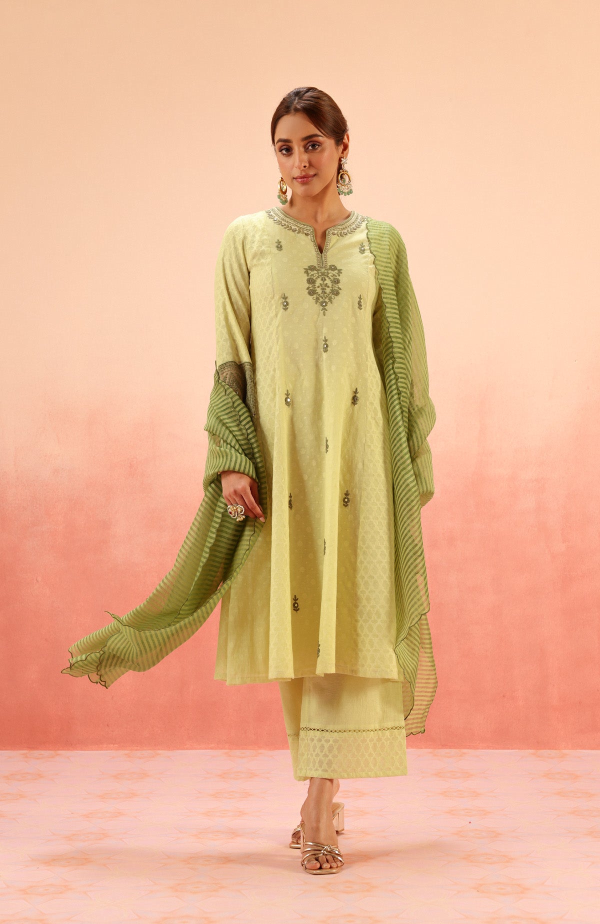 Green Buti Cotton Jacquard Fabric Kurta with Churidar