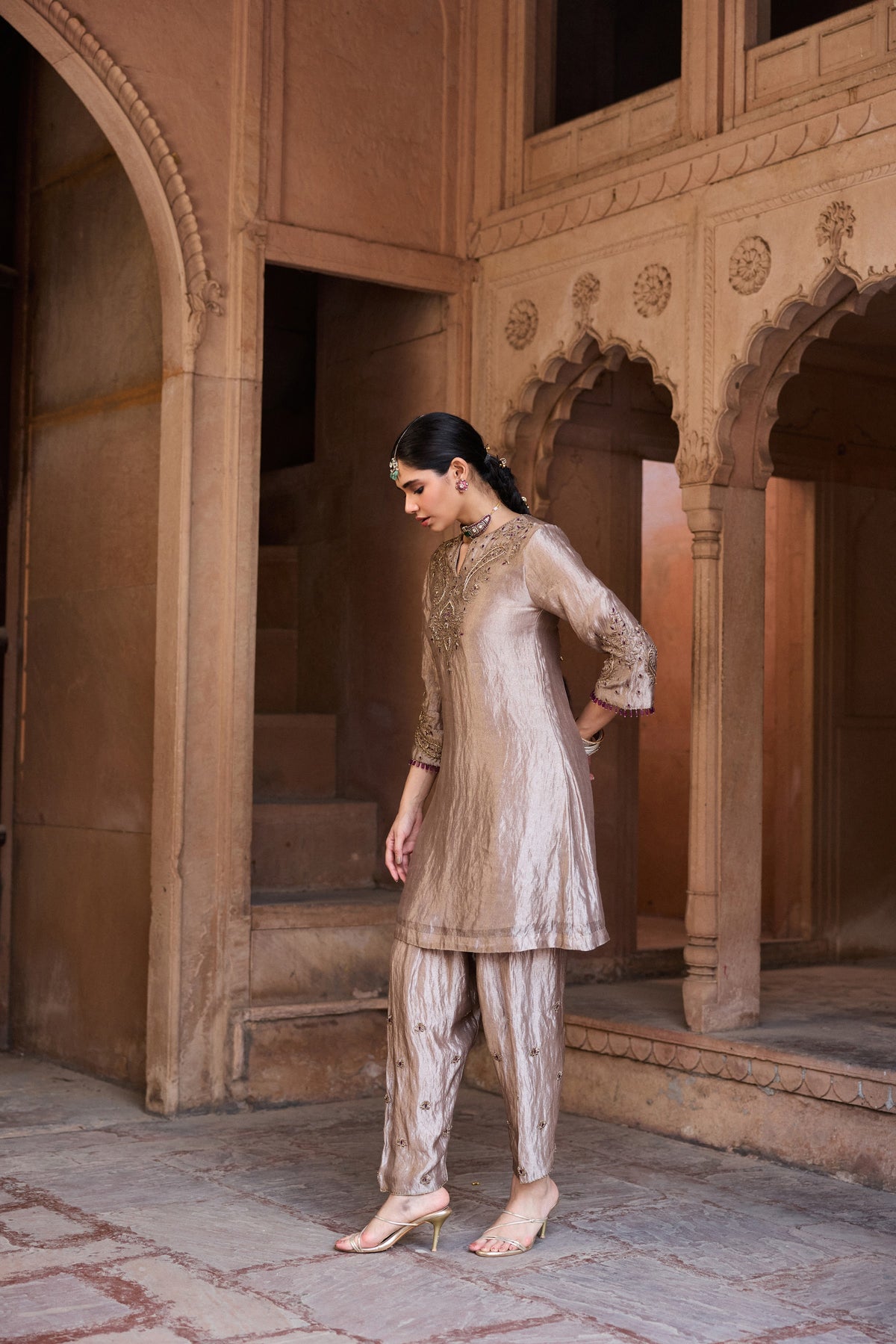 KHWAAB SILK TISSUE HANDCRAFTED SILVER A-LINE KURTA SET
