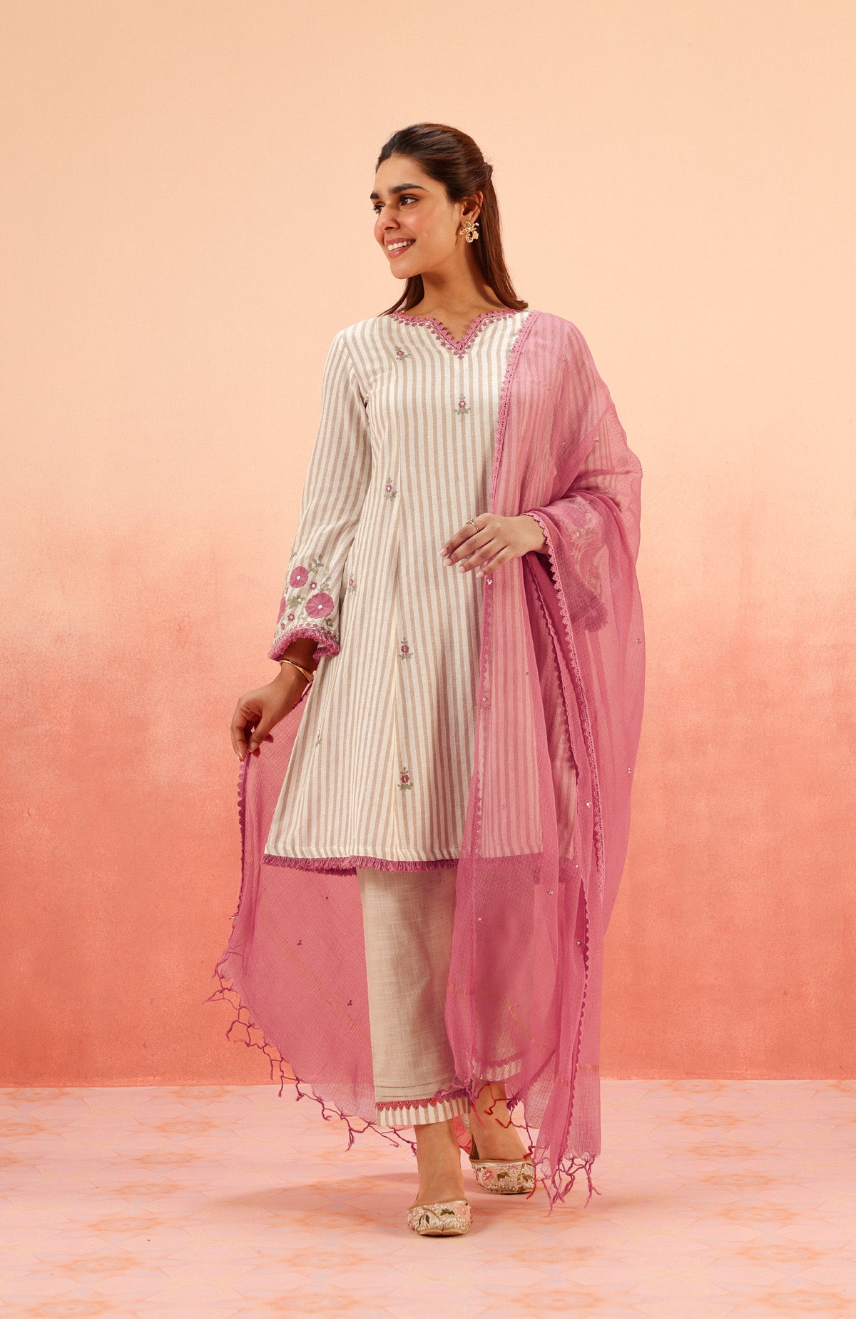 SAYA BEIGE EMBROIDERED YARN DYED HANDCRAFTED KURTA SET