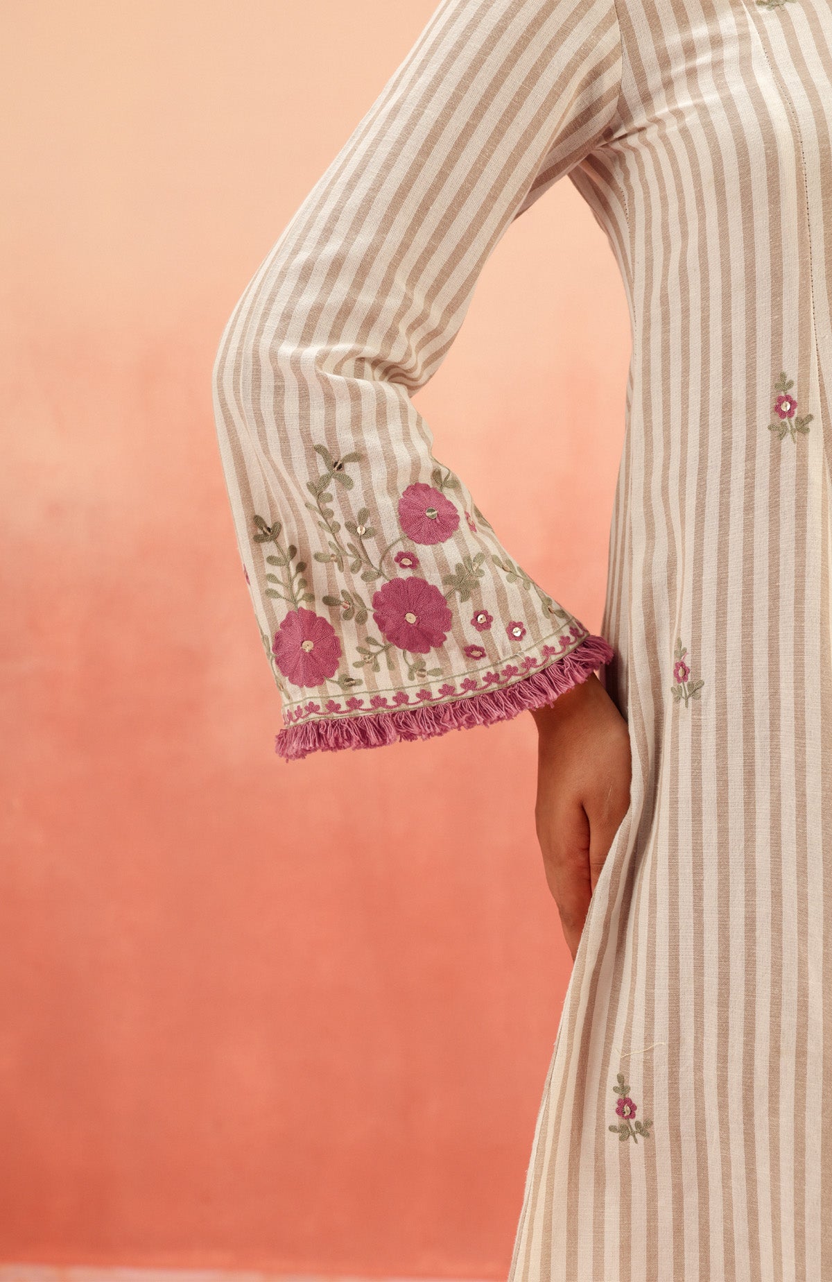 SAYA BEIGE EMBROIDERED YARN DYED HANDCRAFTED KURTA SET