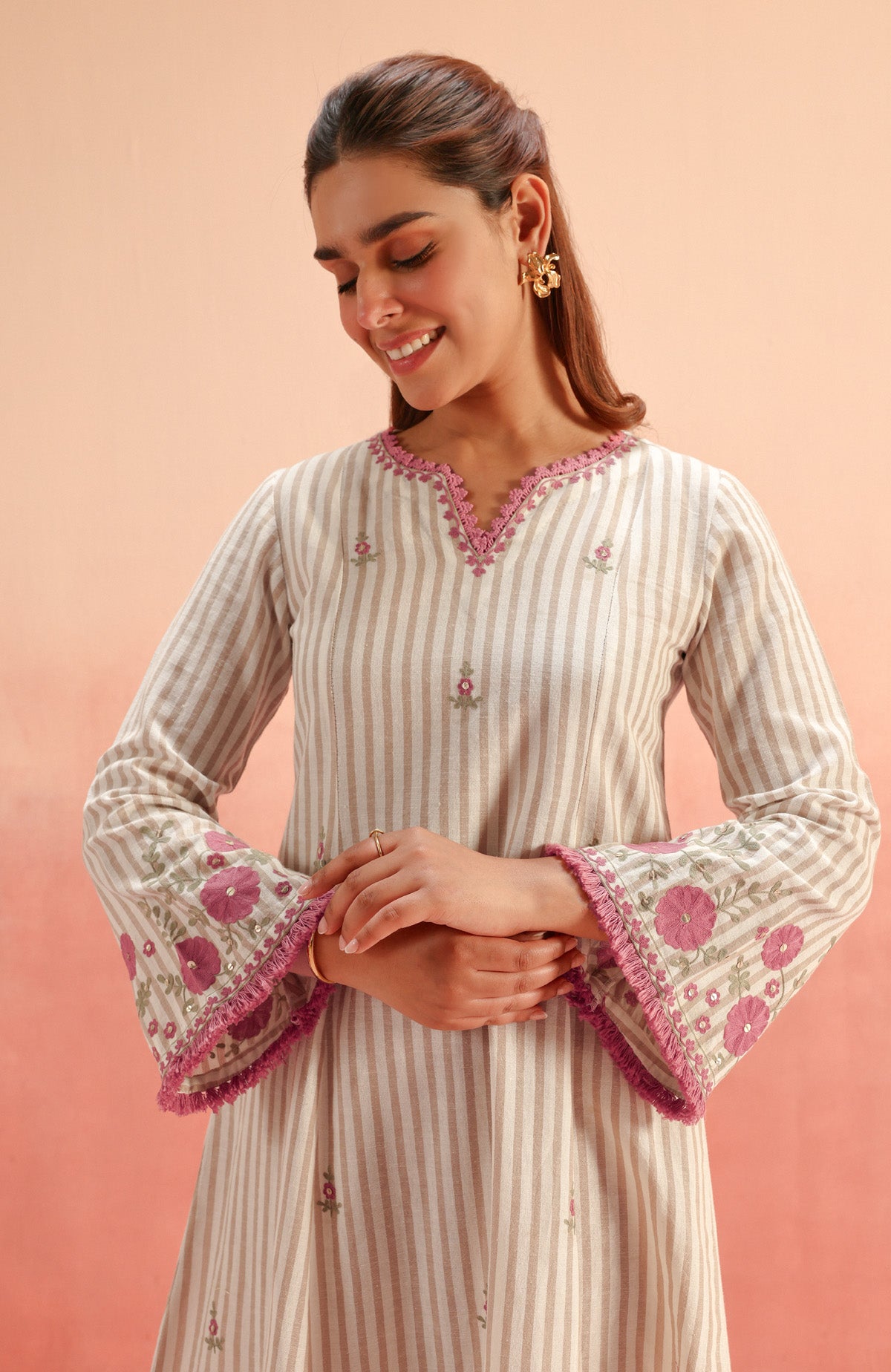 SAYA BEIGE EMBROIDERED YARN DYED HANDCRAFTED KURTA SET