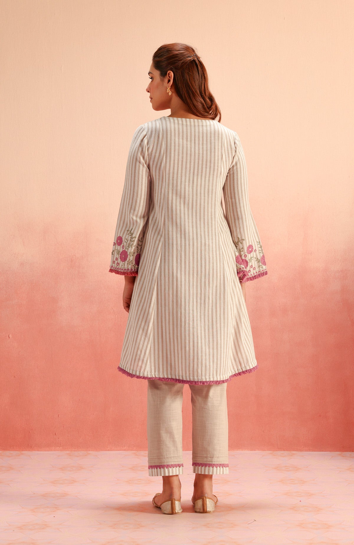 SAYA BEIGE EMBROIDERED YARN DYED HANDCRAFTED KURTA SET