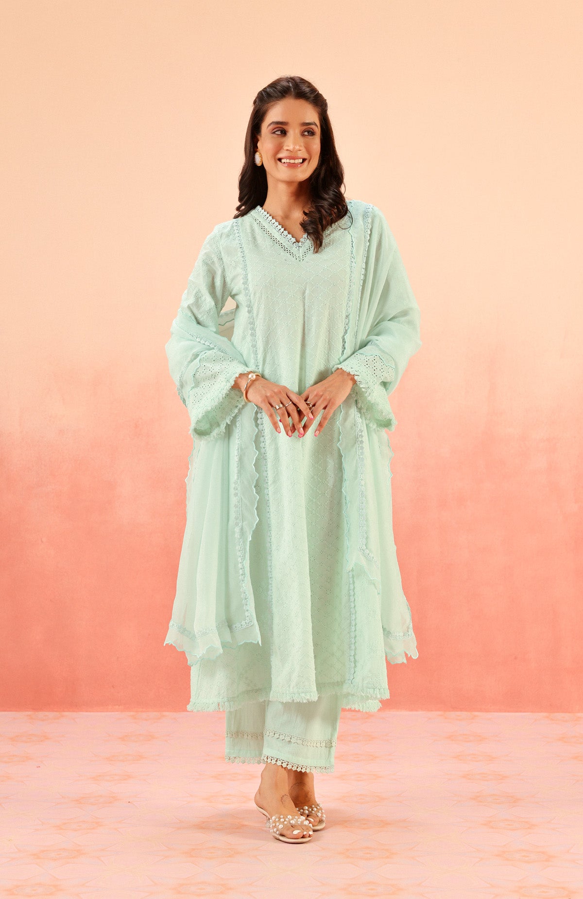MIRA BLUE SCHIFFLI KURTA SET (READY TO SHIP)
