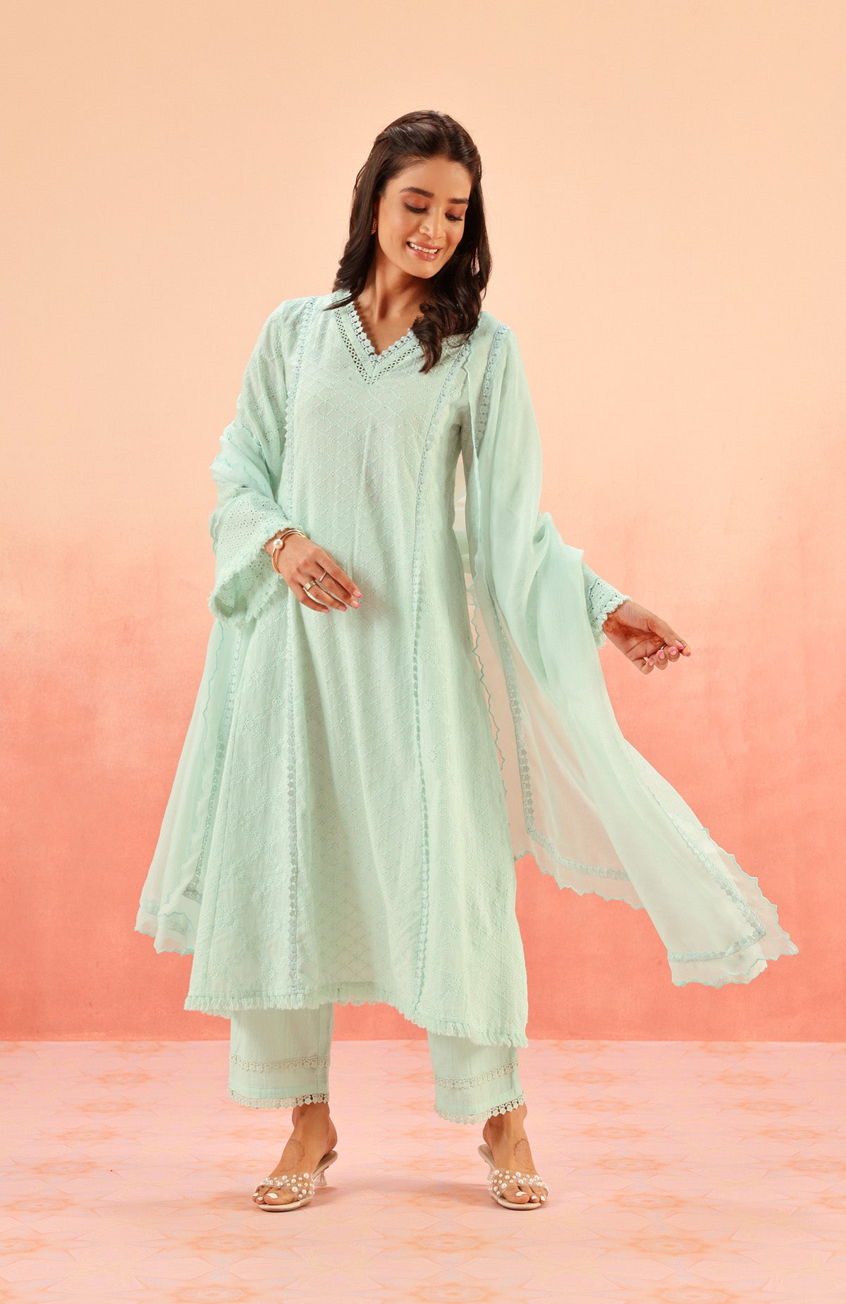 MIRA BLUE SCHIFFLI KURTA SET (READY TO SHIP)