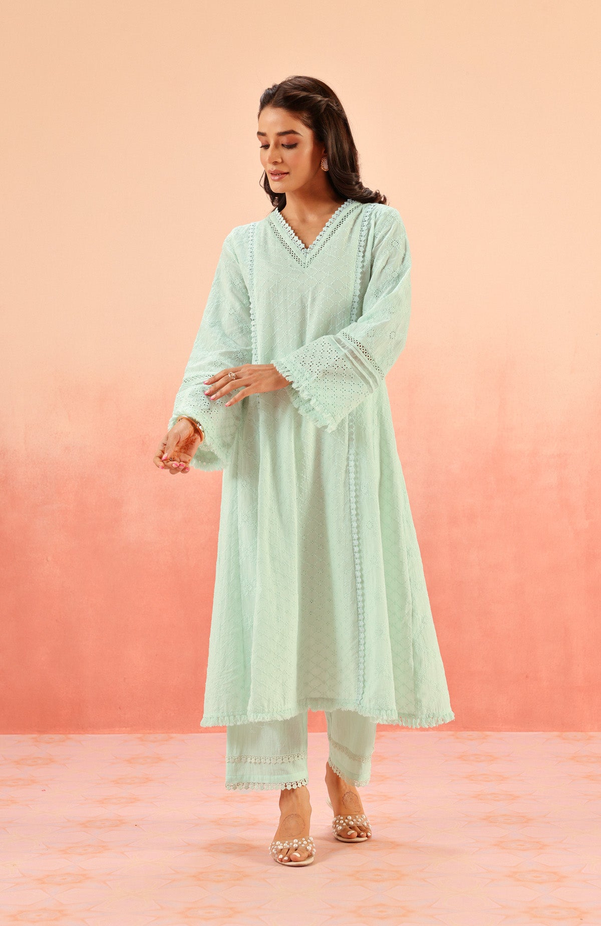 MIRA BLUE SCHIFFLI KURTA SET (READY TO SHIP)