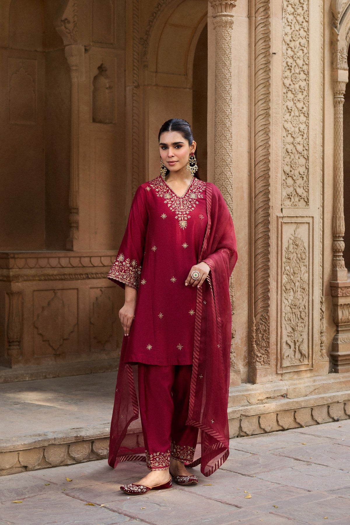 RAINA SILK CHANDERI HANDCRAFTED RED CHOGA SET