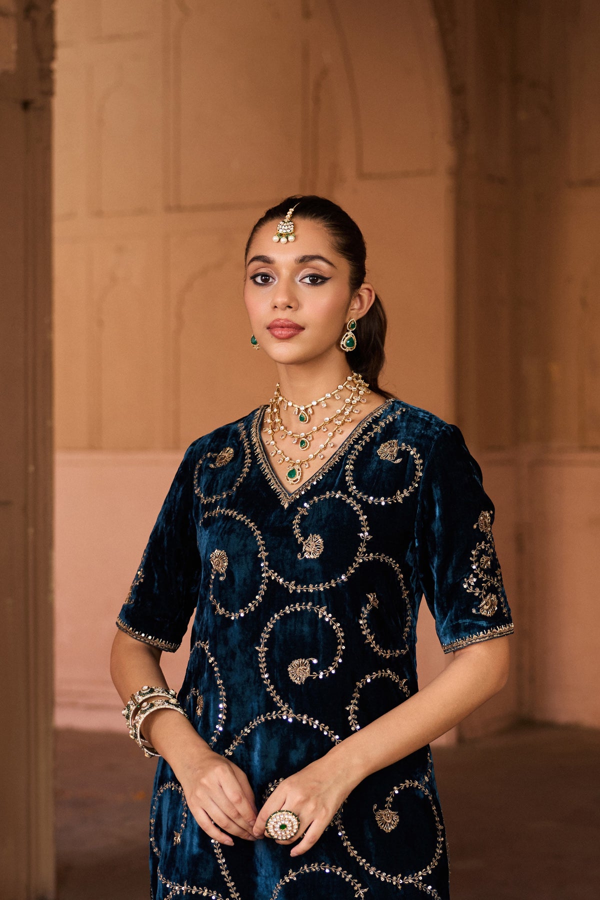 MALLIKA SILK VELVET HANDCRAFTED BLUE KURTA SET WITH SILK TISSUE GHARARA