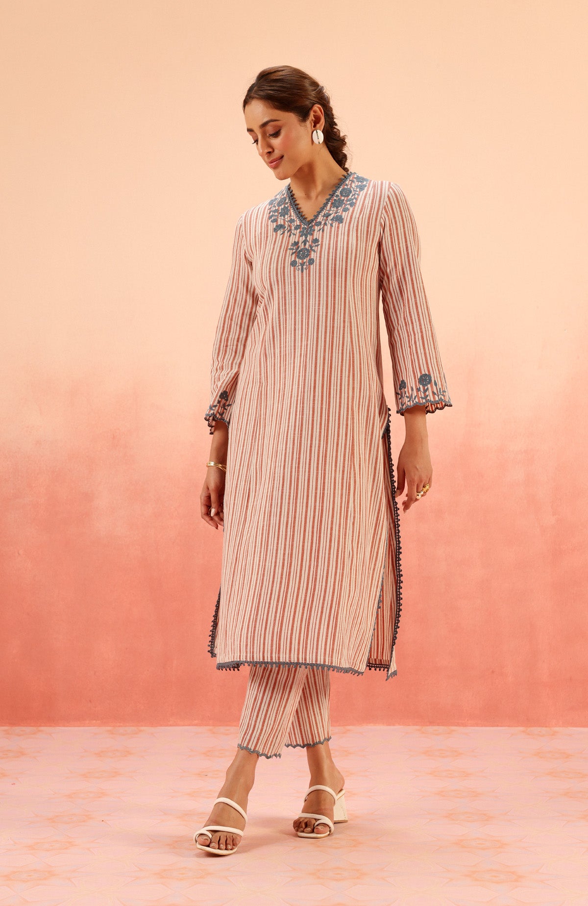 SAANJH RED COTTON YARN DYED KURTA SET