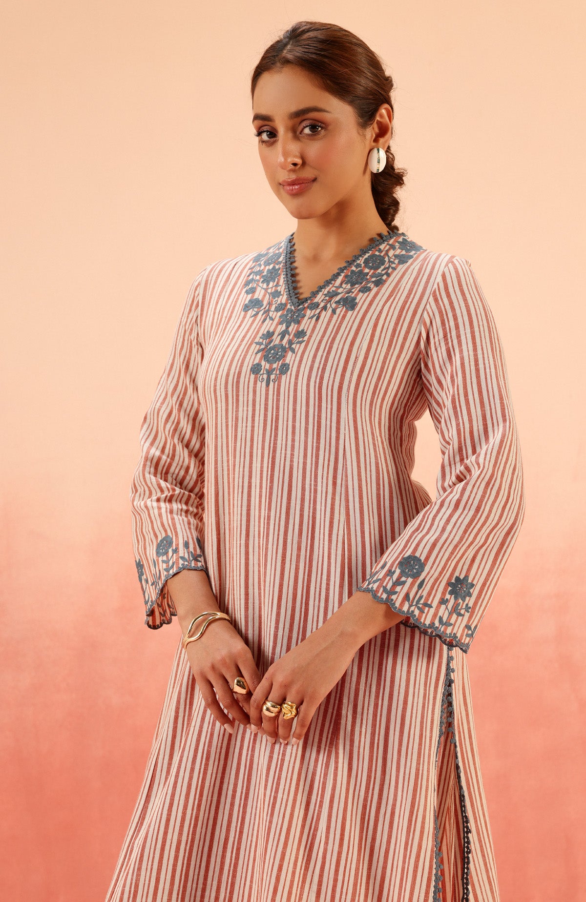 SAANJH RED COTTON YARN DYED KURTA SET