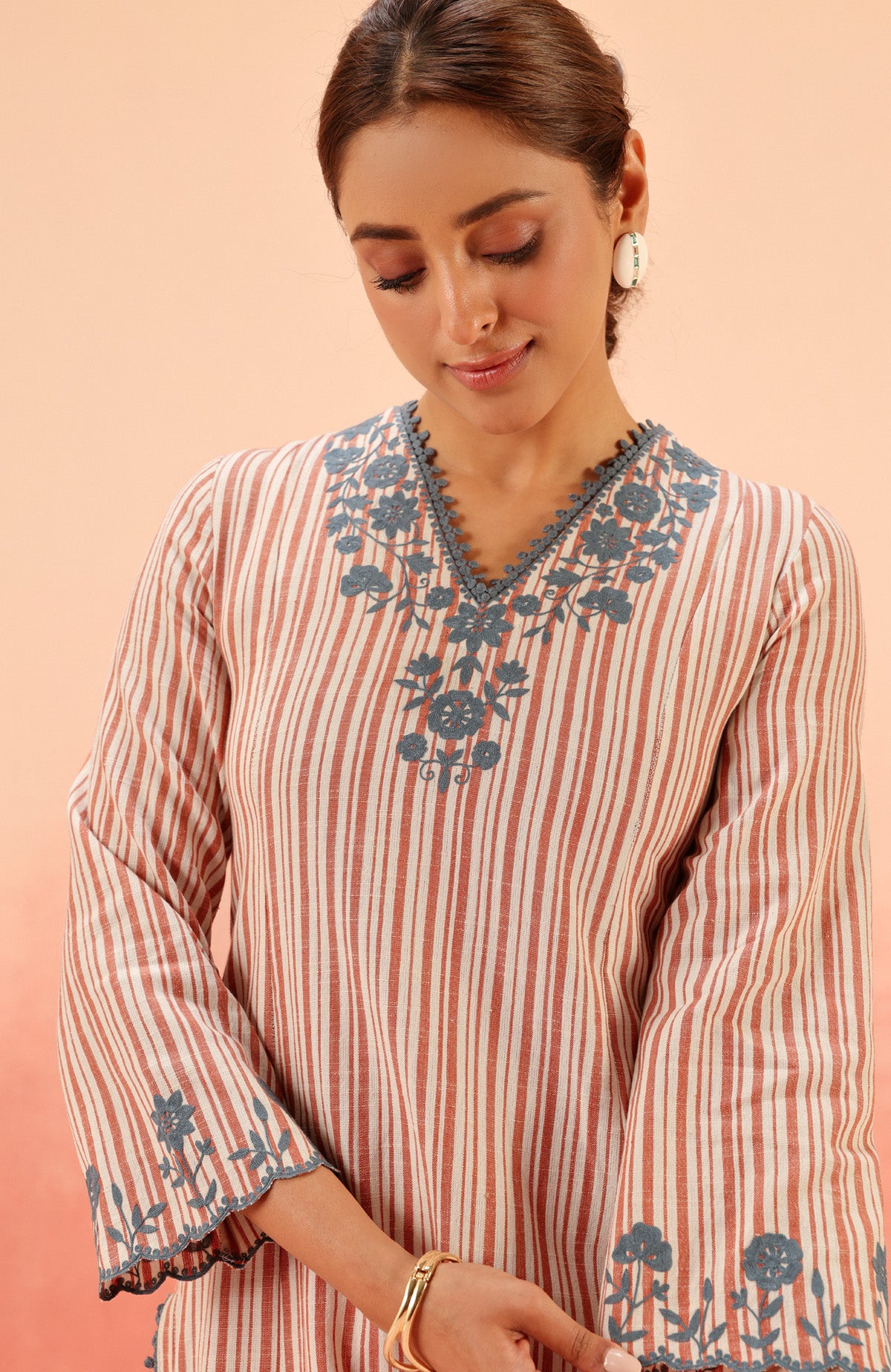 SAANJH RED COTTON YARN DYED KURTA SET